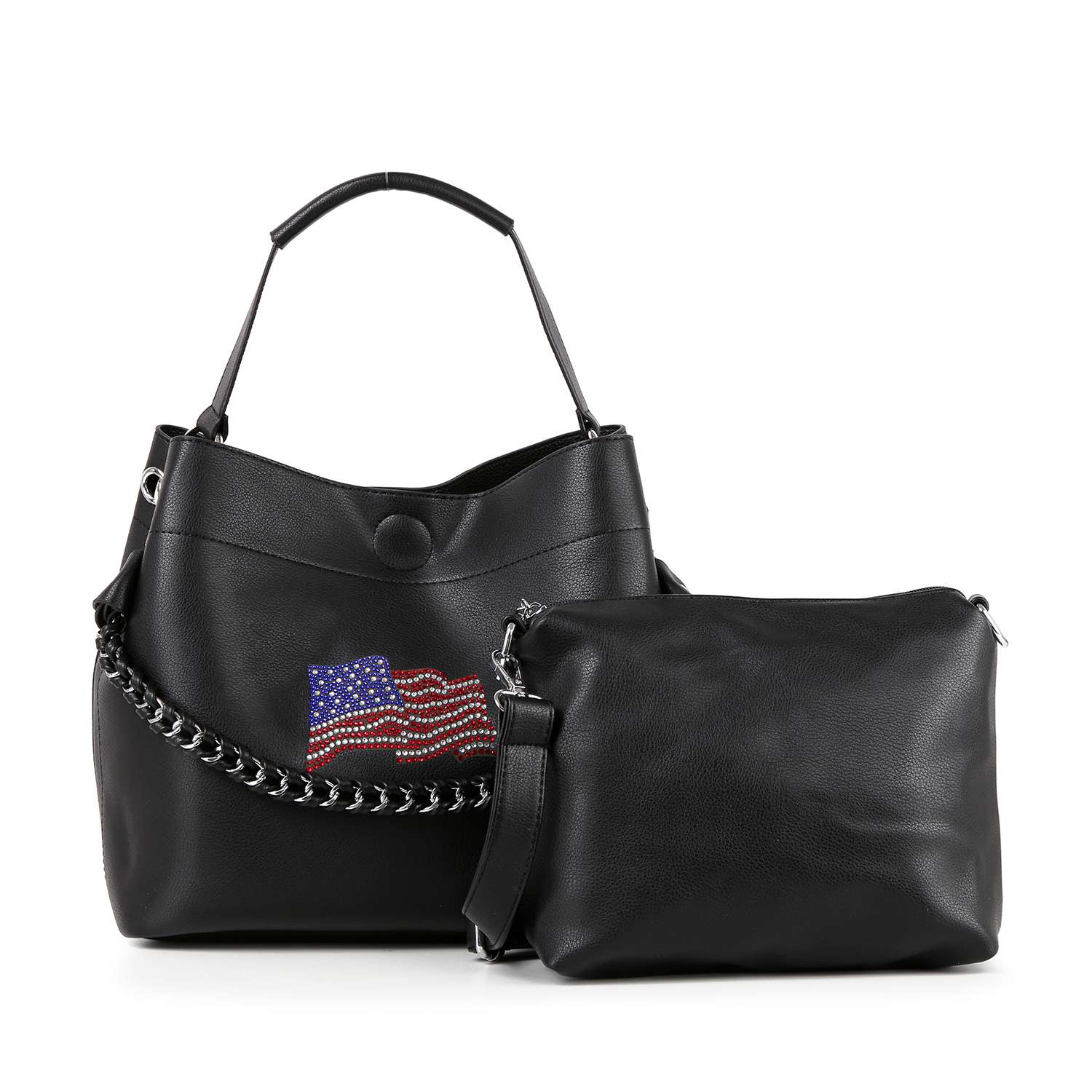 The Flag Design Sparkling Rhinestone Handbag Set includes two black faux leather shoulder bags: a larger, tablet-compatible purse with a chain strap and rhinestone American flag, and a plain smaller bag with a detachable strap in front.