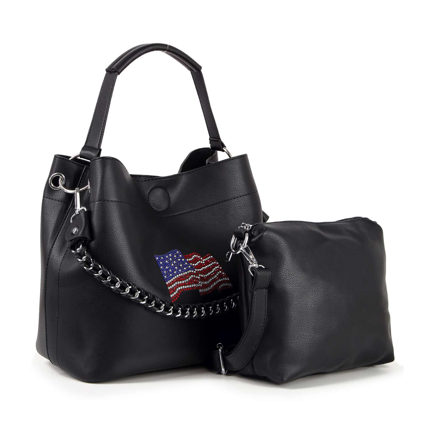 The Flag Design Sparkling Rhinestone Handbag Set includes a black rhinestone hobo with an American flag and chain strap, plus a plain faux leather bag with detachable strap—ideal for carrying your tablet in style.