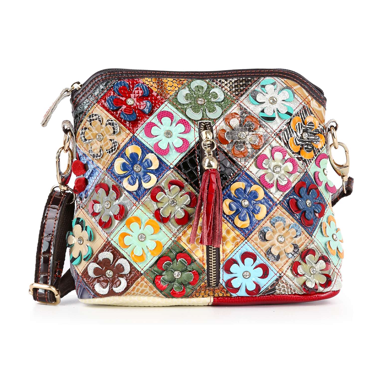 The Genuine Leather Multi Color Floral Shoulder Bag features a vibrant patchwork design with leather flowers, a tassel zipper pull, adjustable strap, and metallic hardware in a bold diamond pattern.
