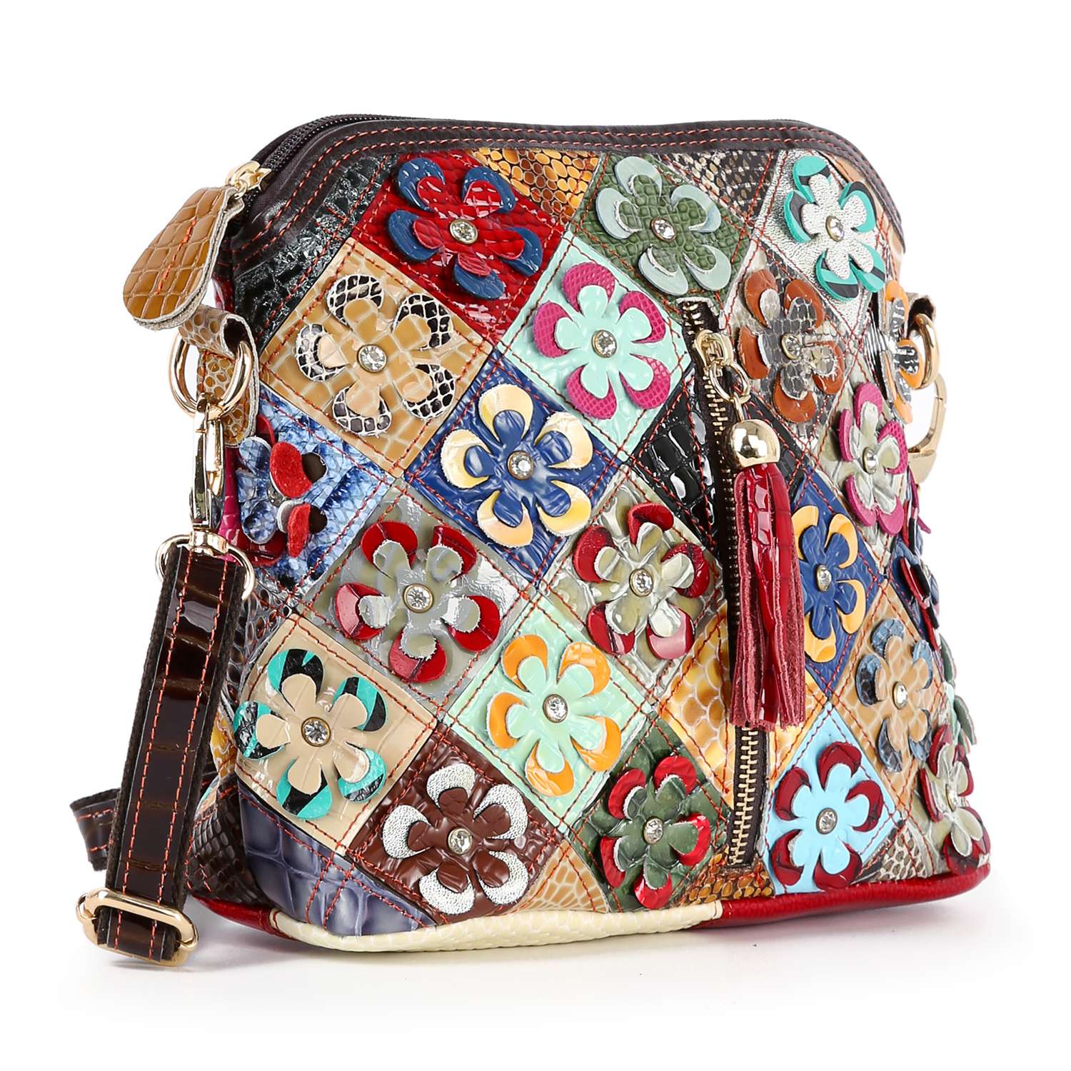 The Genuine Leather Multi Color Floral Shoulder Bag features multicolor leather flowers, gold hardware, a red tassel zipper pull, and comes with a detachable dark strap for versatile styling.