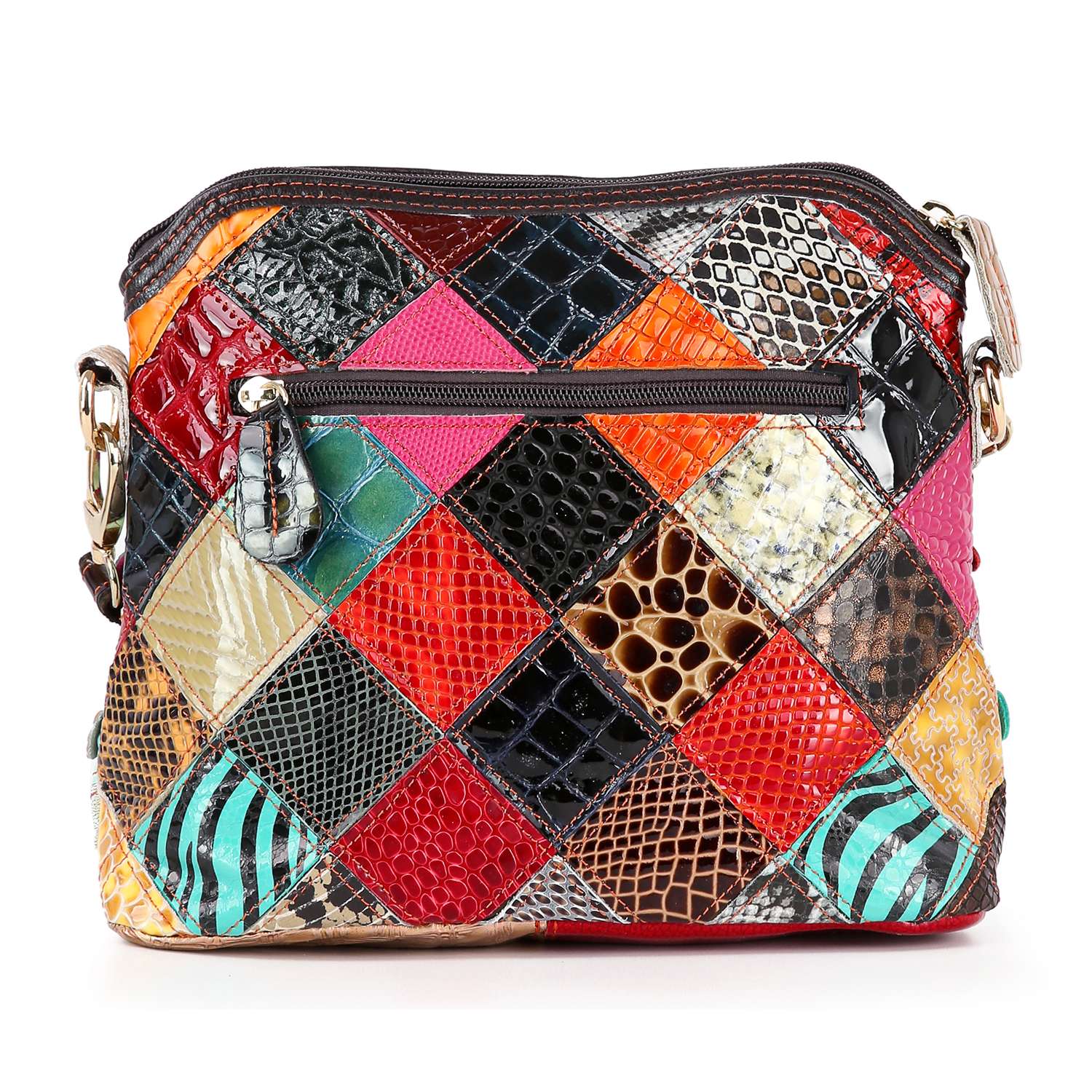The Genuine Leather Multi Color Floral Shoulder Bag features vibrant floral patterns, a front zip pocket, gold hardware accents, and an adjustable strap for versatile carrying.