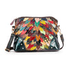 The Genuine Leather Colorful Petal Crossbody Sling features a patchwork of vibrant, leaf-shaped leather pieces, an adjustable strap, and shiny gold-toned hardware accents.