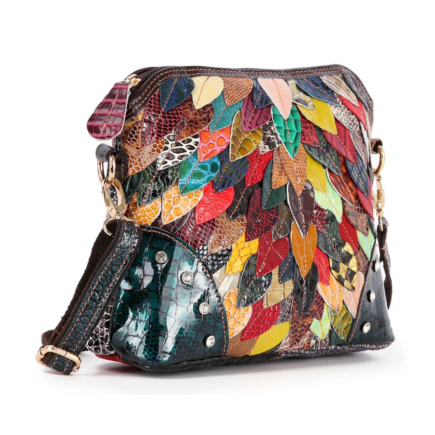 The Genuine Leather Colorful Petal Crossbody Sling features textured, leaf-shaped pieces in vibrant red, yellow, green, blue, and orange patchwork with a dark adjustable strap.