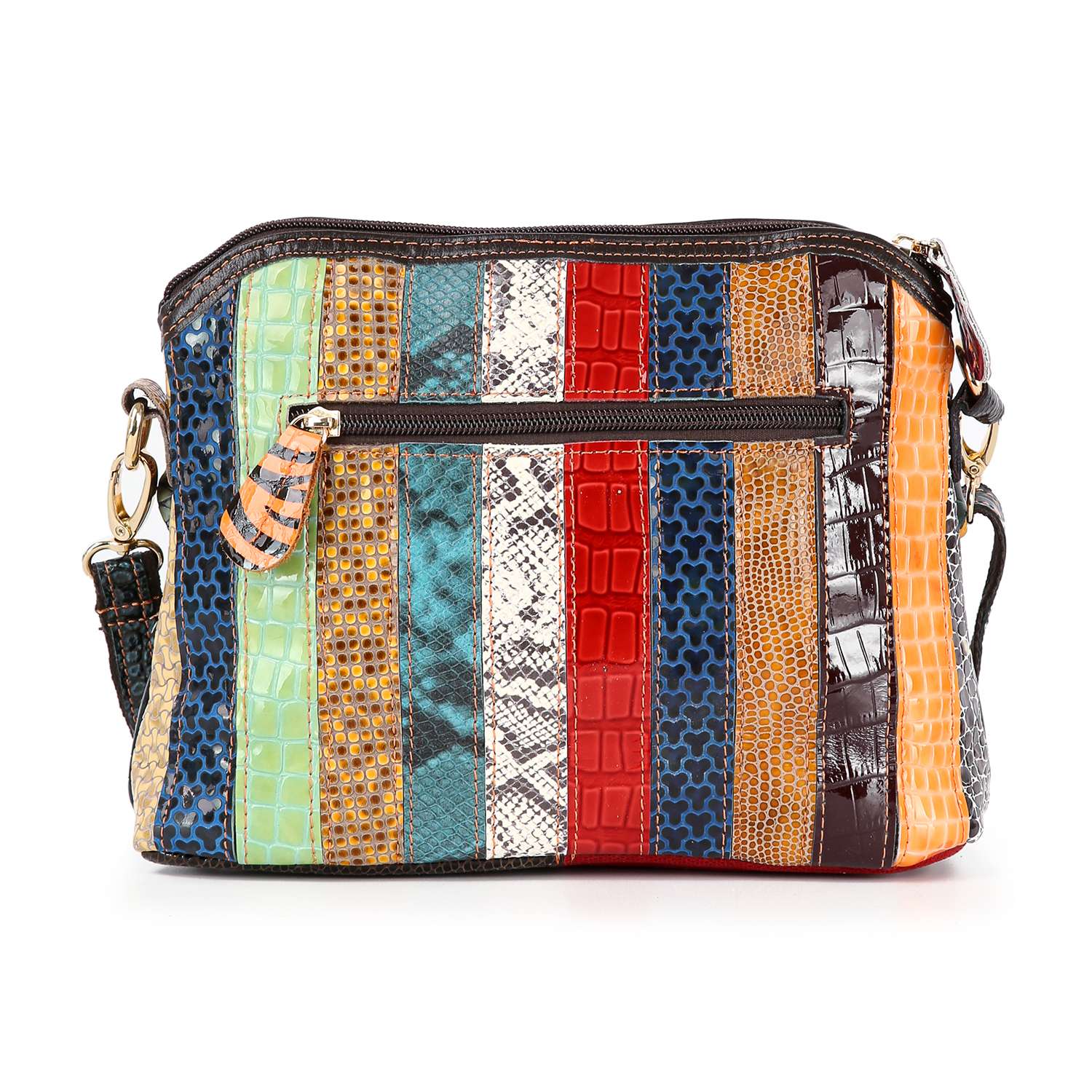 The Genuine Leather Colorful Petal Crossbody Sling features a vibrant patchwork design with textured vertical stripes, animal prints, gold-tone hardware, top zipper, front zip pocket, and an adjustable strap for versatile styling.