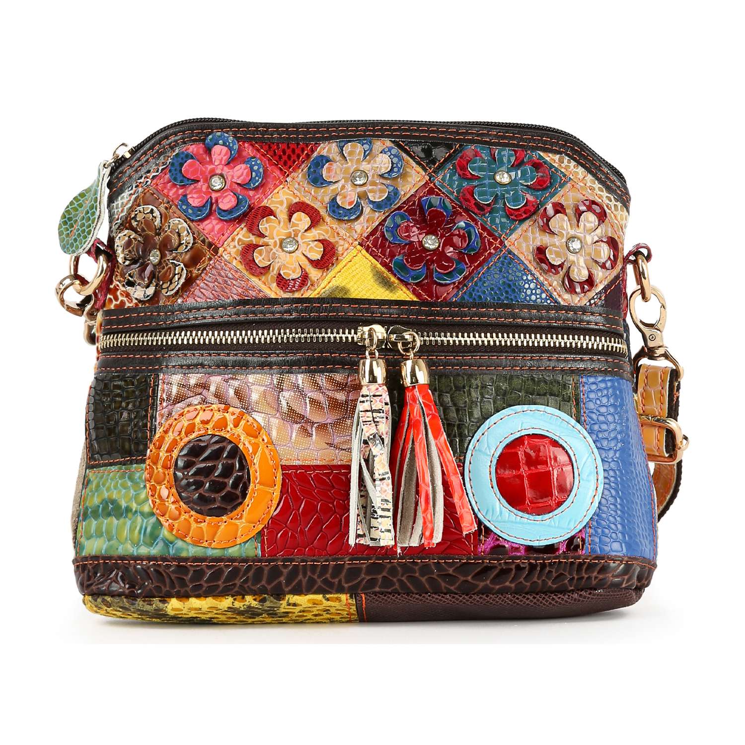 The Genuine Leather Colorful Crossbody Sling showcases textured square patches, floral details, round accents, gold-tone hardware, tassels, a zippered top, and an adjustable detachable strap.