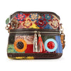 The Genuine Leather Colorful Crossbody Sling showcases textured square patches, floral details, round accents, gold-tone hardware, tassels, a zippered top, and an adjustable detachable strap.