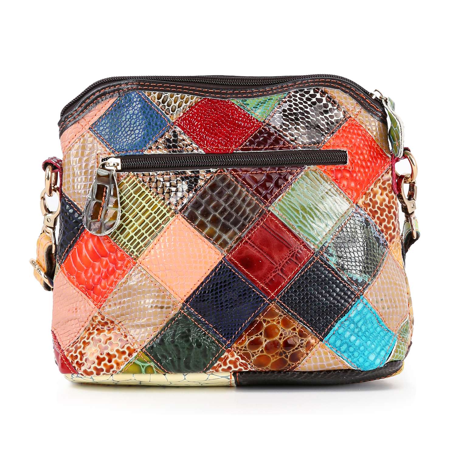 The Genuine Leather Colorful Crossbody Sling is a square-shaped bag featuring a patchwork of shiny, textured colorful squares, a front zip pocket, secure zip closure, and metal clasps on the sides.