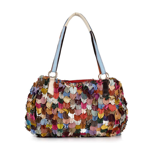 Genuine Leather Colorful Raised Floral Shoulder Bag