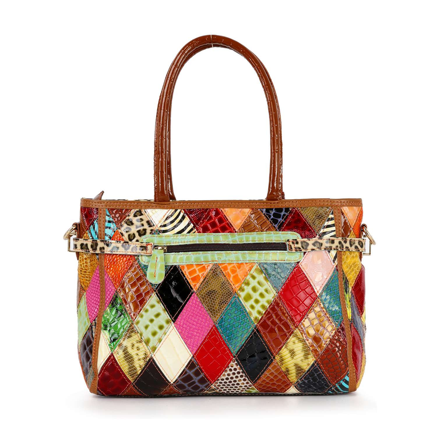 The Genuine Leather Colorful Belted Tote Handbag features textured, multicolored diamond-shaped leather, two brown handles, a front zip pocket, and gold-toned hardware.
