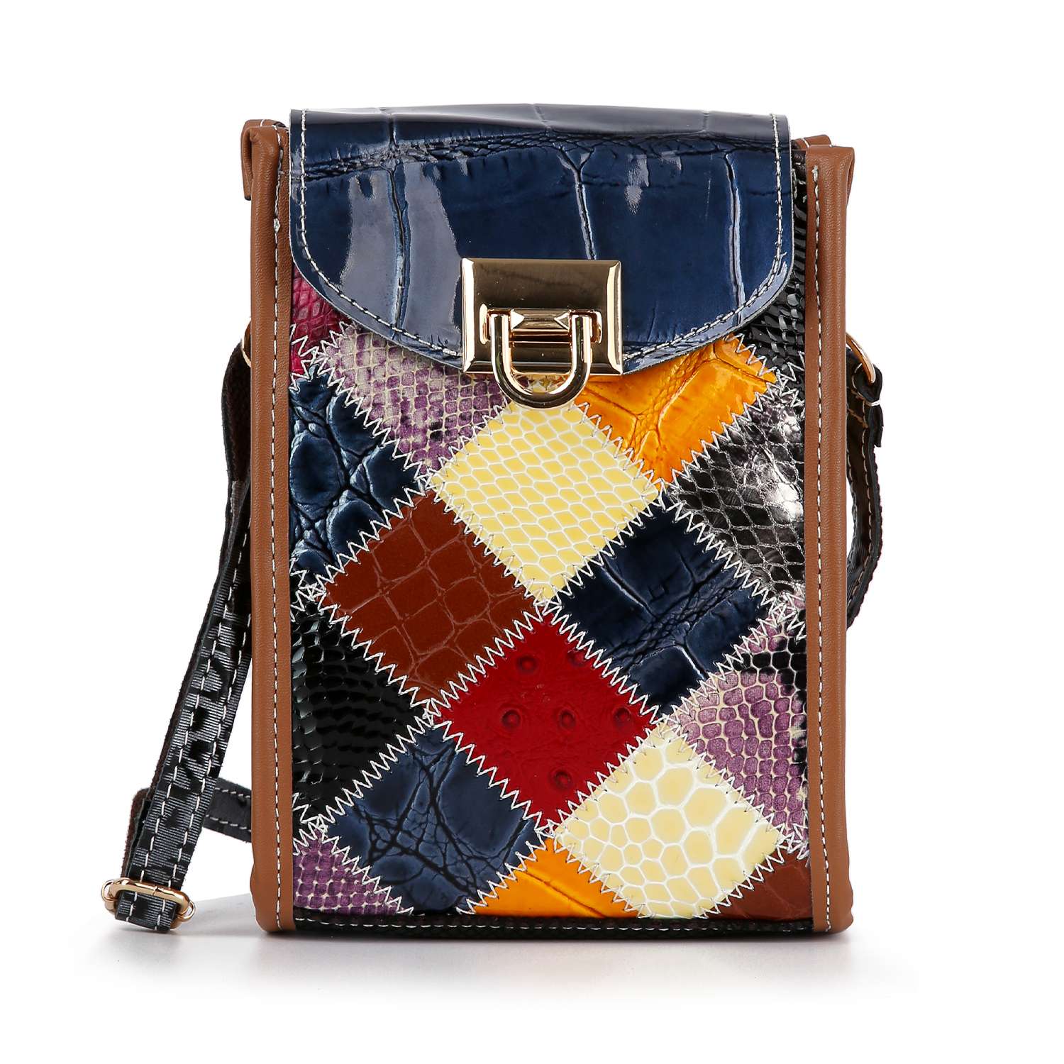 The Genuine Leather Colorful Petite Crossbody Sling features a patchwork design in navy, yellow, red, white, purple, and brown squares with a shiny blue flap, brown trim, gold clasp and hardware. Includes an adjustable strap for versatile wear.