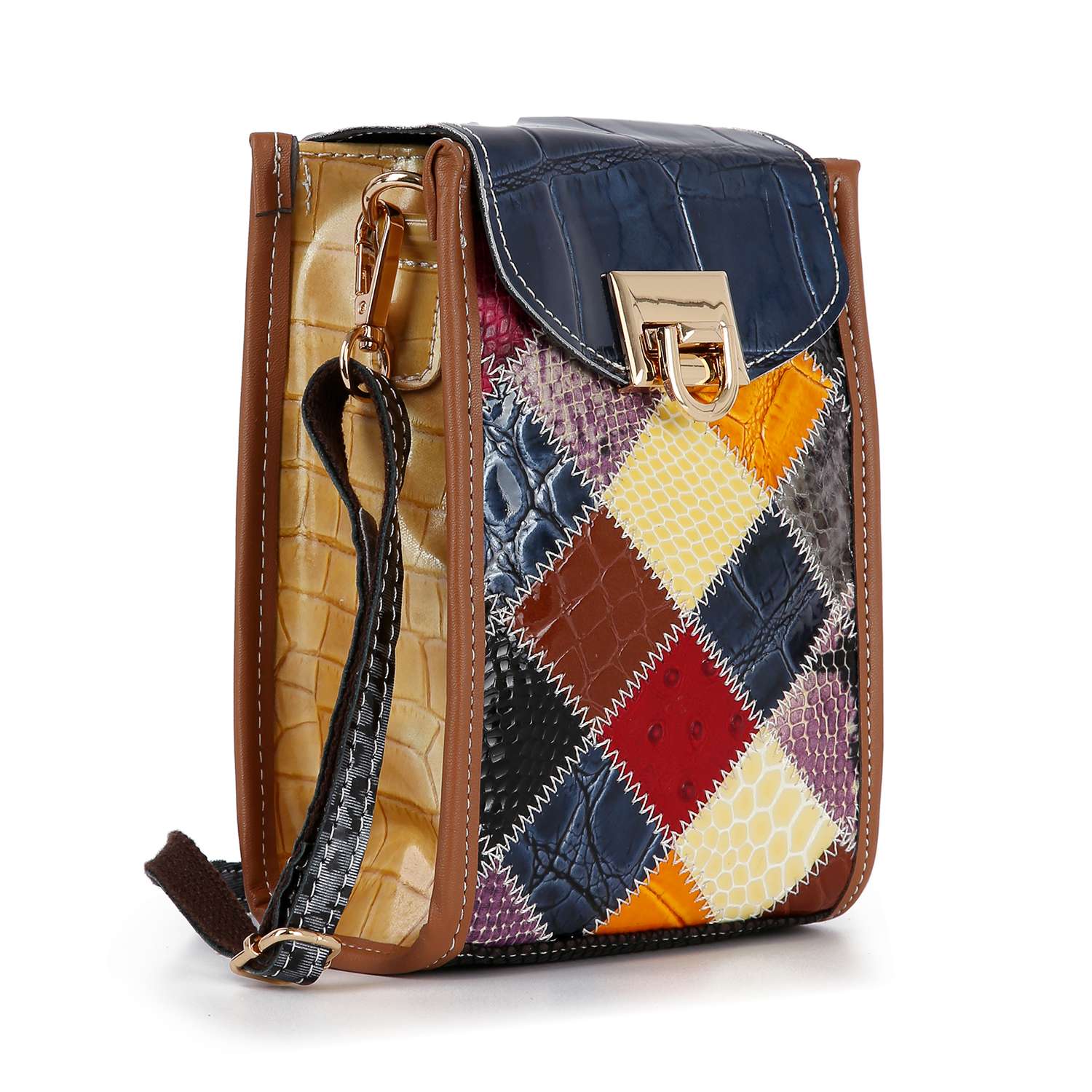 The Genuine Leather Colorful Petite Crossbody Sling features textured leather squares in a patchwork design, gold-toned hardware on the flap, brown trim, and an adjustable strap, shown upright against a white background.