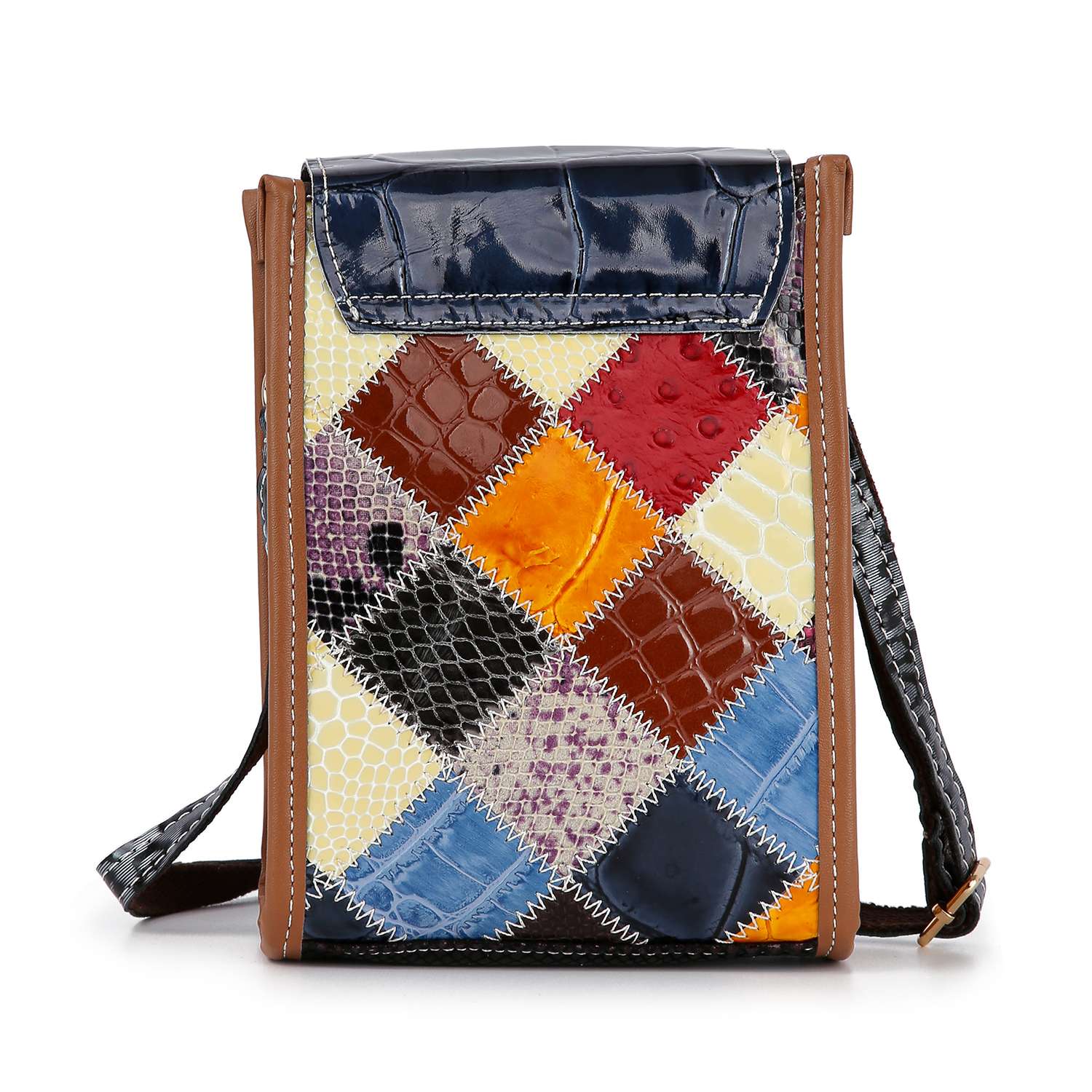 The Genuine Leather Colorful Petite Crossbody Sling features a vibrant patchwork of genuine leather squares in assorted textures, gold-tone hardware, a flap closure, and an adjustable strap for easy carrying.