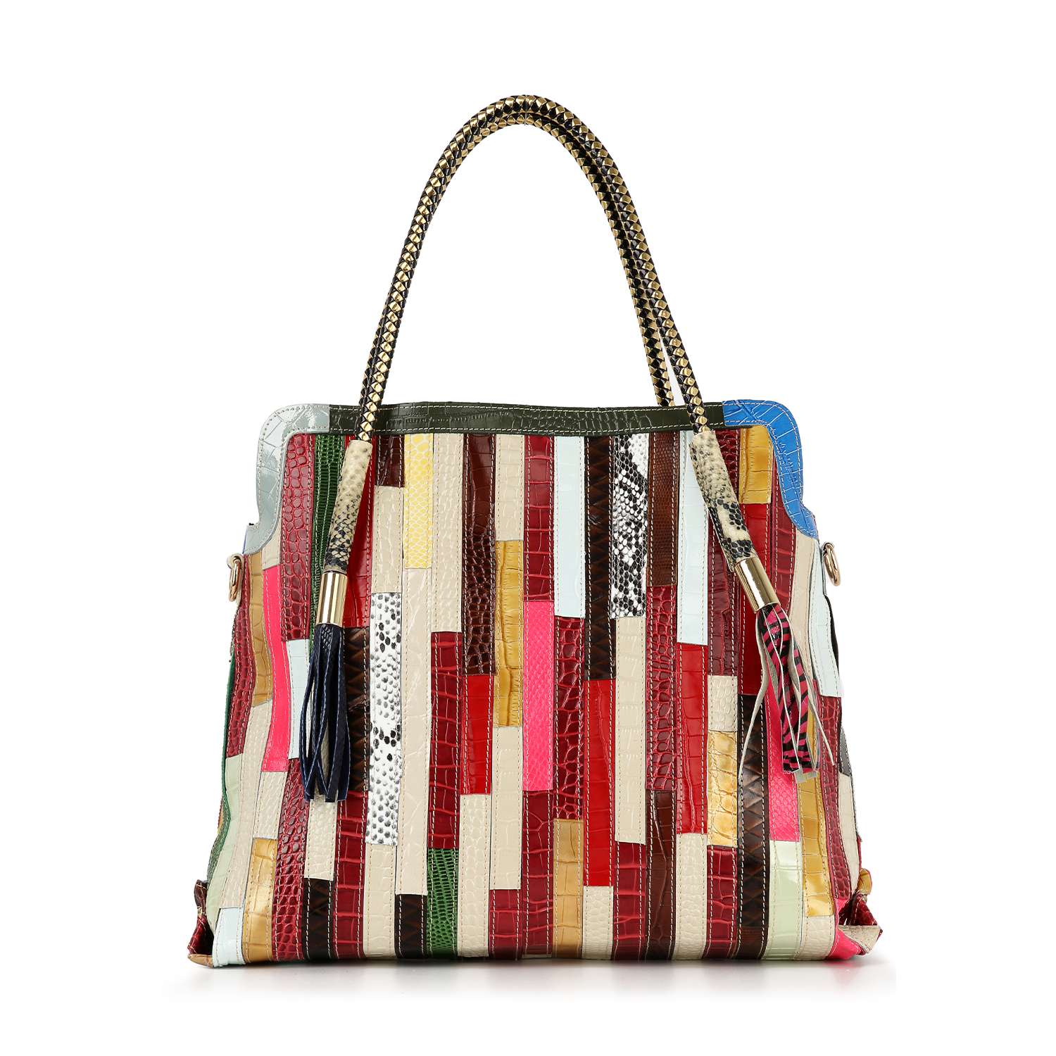 The Genuine Leather Colorful Tall Tote is a spacious bag with two braided handles, a patchwork design, tasseled zipper pulls, and a secure top zip closure—perfect for carrying essentials in vibrant style.