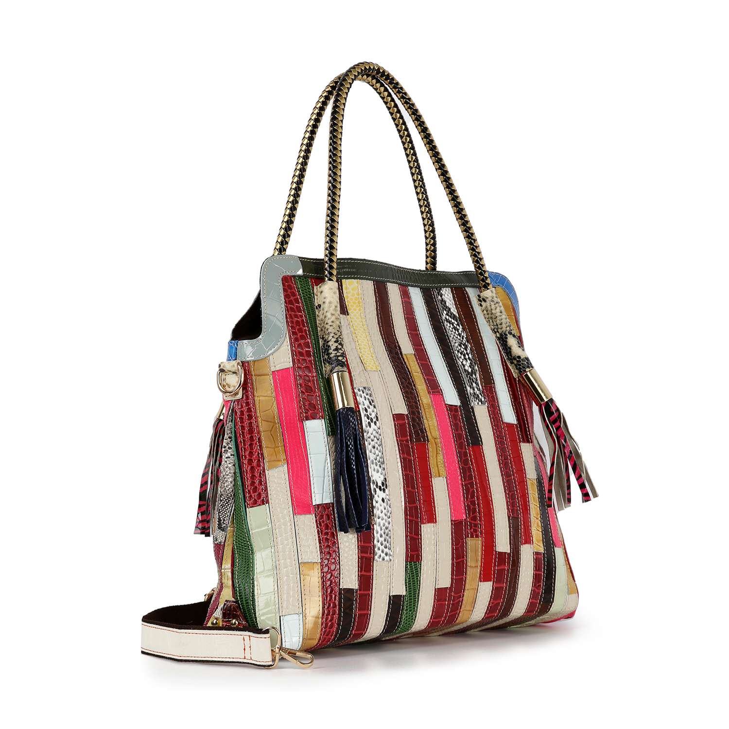 The Genuine Leather Colorful Tall Tote is a multicolored genuine leather bag with tassels and a secure top zip closure.