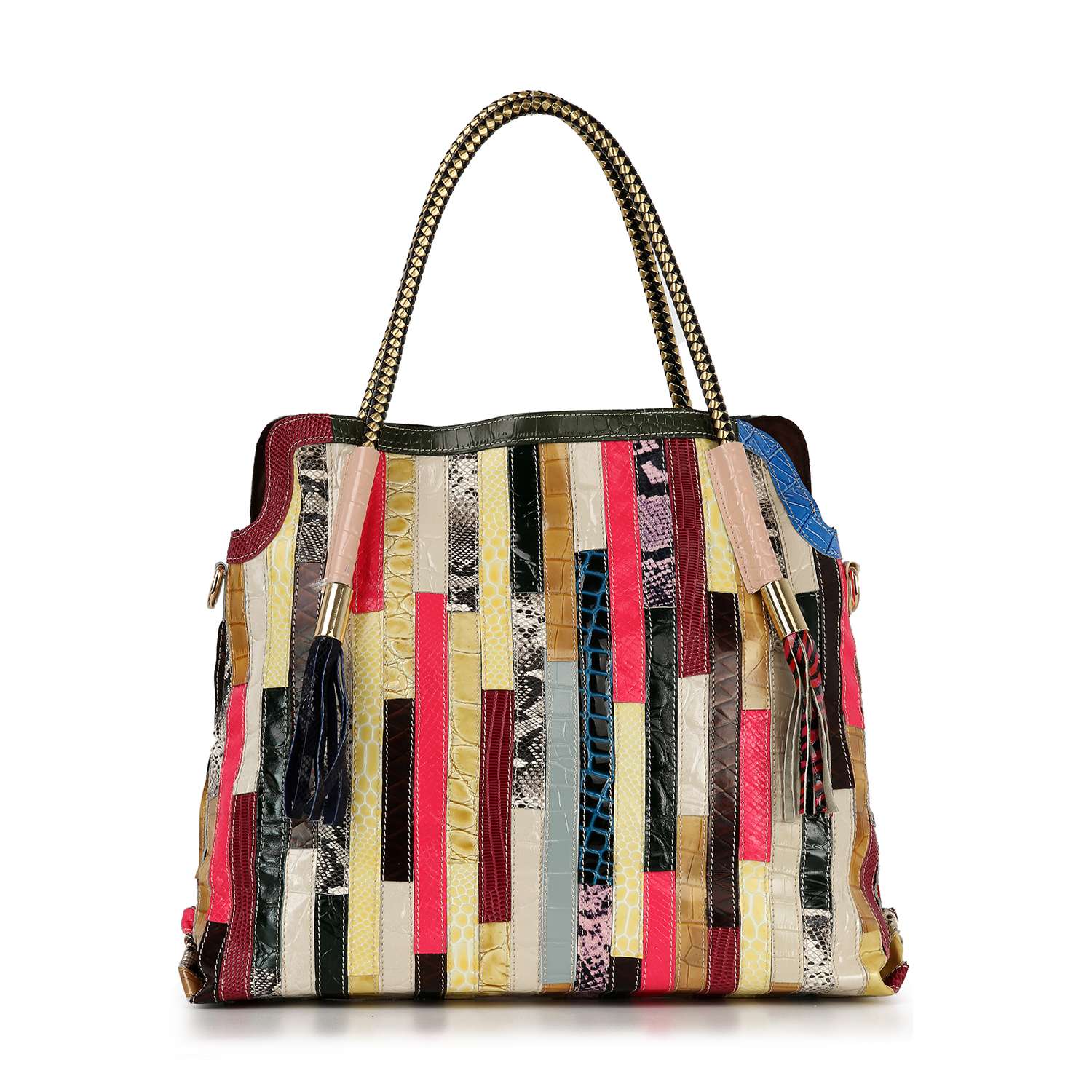 The Genuine Leather Colorful Tall Tote is a spacious bag with dual handles, a vibrant vertical patchwork design, two tassel accents on the handles, and a secure top zip closure.