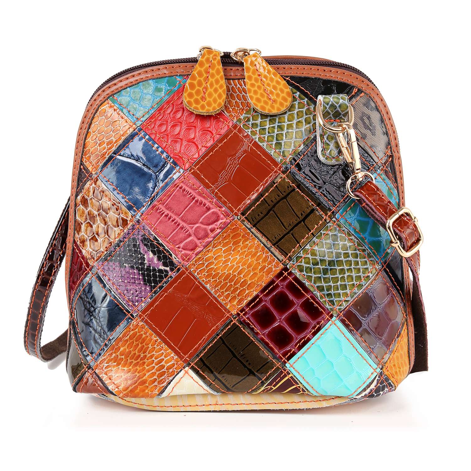 The Genuine Leather Patchwork Crossbody Sling is a colorful leather bag made of square patches with snake and crocodile prints, gold-toned hardware, zipper, gold buckle, brown edging, and an adjustable strap.