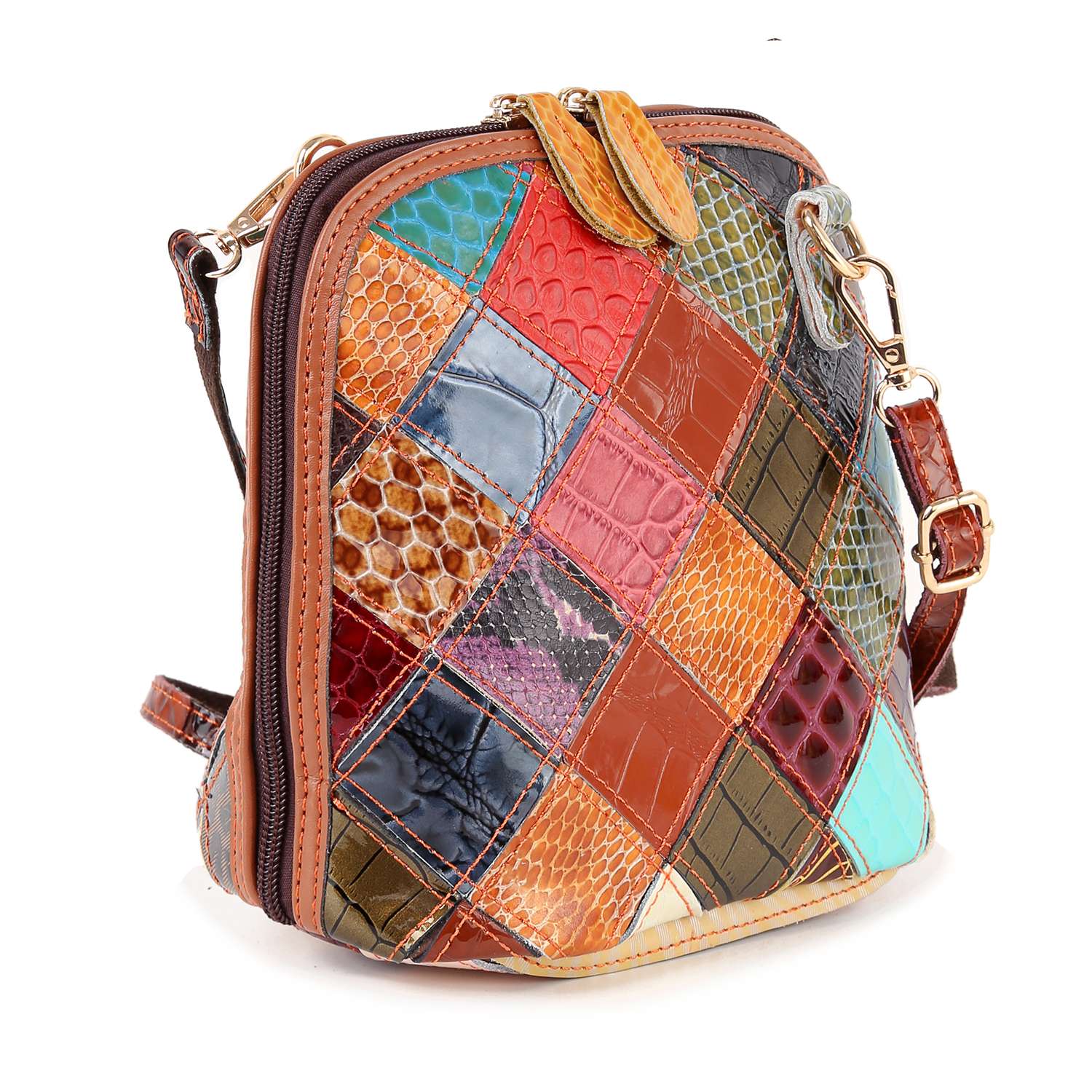 The Genuine Leather Patchwork Crossbody Sling features turquoise, brown, orange, black, and tan leather squares, a long adjustable strap, and gold-toned hardware.
