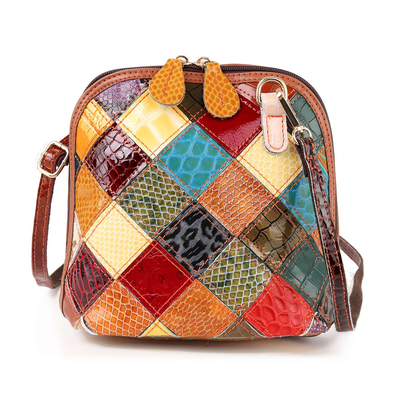 The Genuine Leather Patchwork Crossbody Sling is a small, square bag made of glossy textured leather squares, featuring gold-toned hardware and a long adjustable strap.