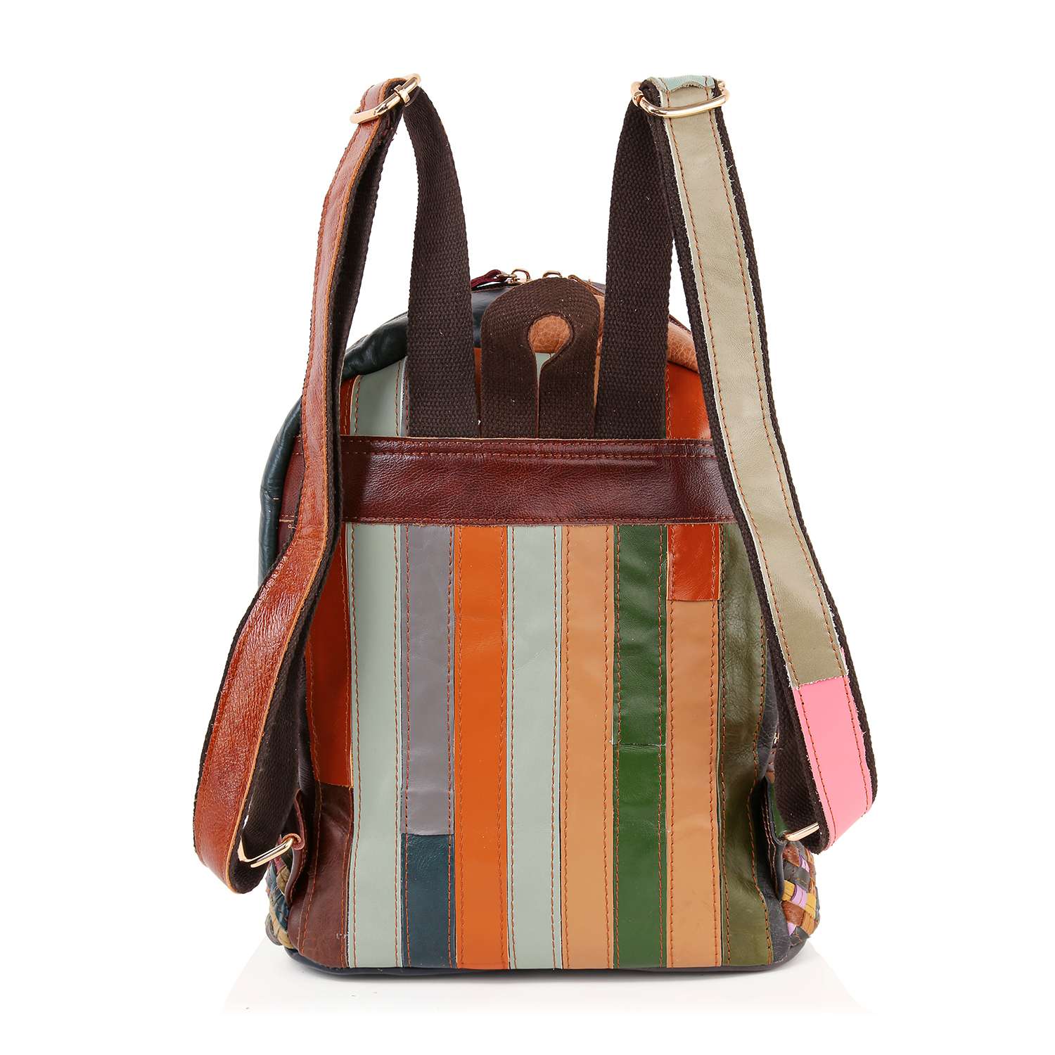 The Genuine Leather Woven Backpack features adjustable straps and a colorful patchwork design with vertical brown, orange, green, blue, cream, and pink leather strips. Stylishly displayed upright on a white background.