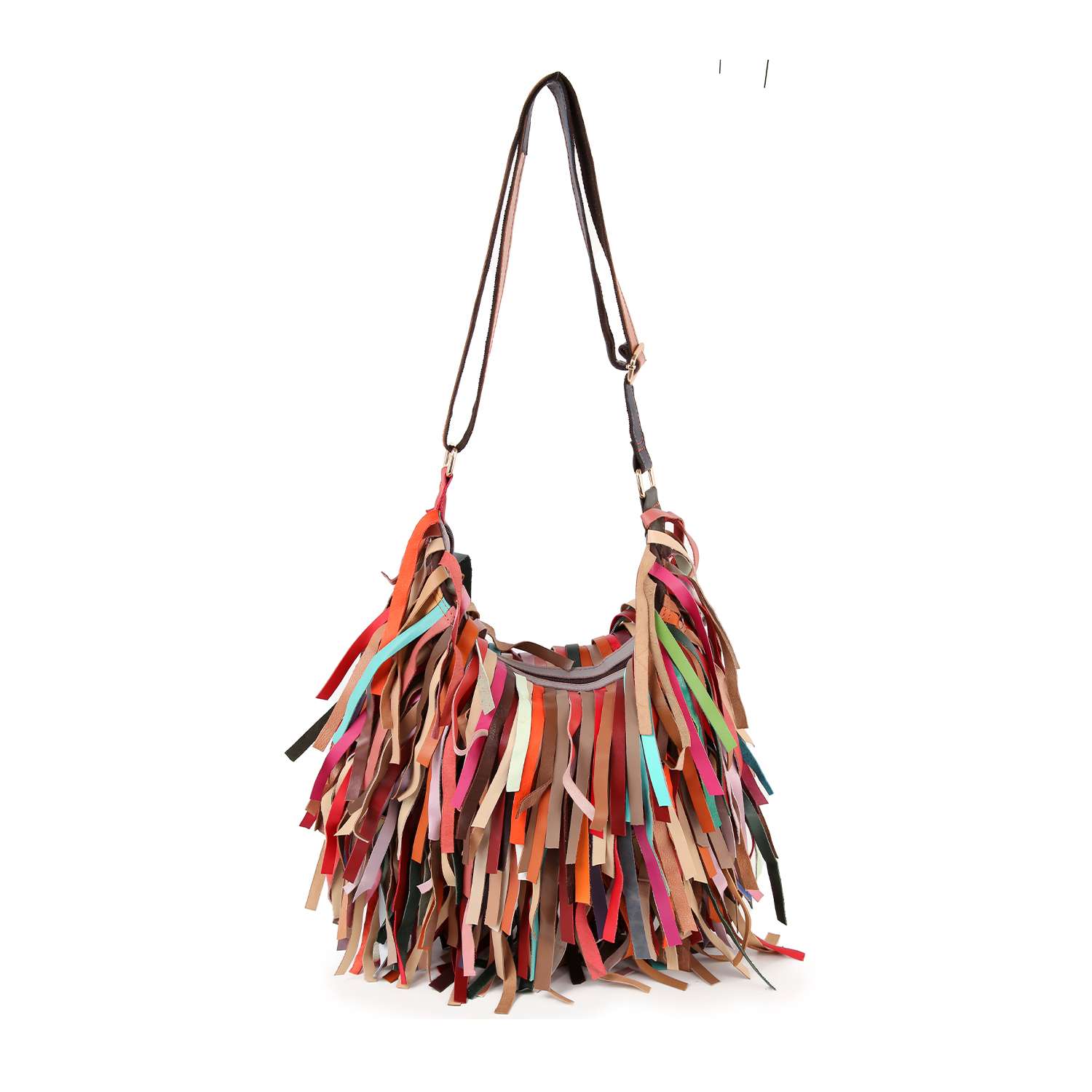 The Genuine Leather Large Fringe Hobo features an adjustable strap and long, multicolored fringe for a bold look. Its spacious design fits a tablet, combining practical function with eye-catching style.