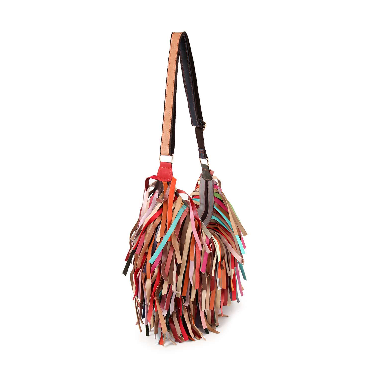 The Genuine Leather Large Fringe Hobo is a colorful shoulder bag with long pink, brown, blue, and green leather strips for a shaggy fringe. Its tablet compatible and features an adjustable two-tone strap for style and convenience.