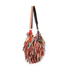 The Genuine Leather Large Fringe Hobo is a colorful shoulder bag with long pink, brown, blue, and green leather strips for a shaggy fringe. Its tablet compatible and features an adjustable two-tone strap for style and convenience.