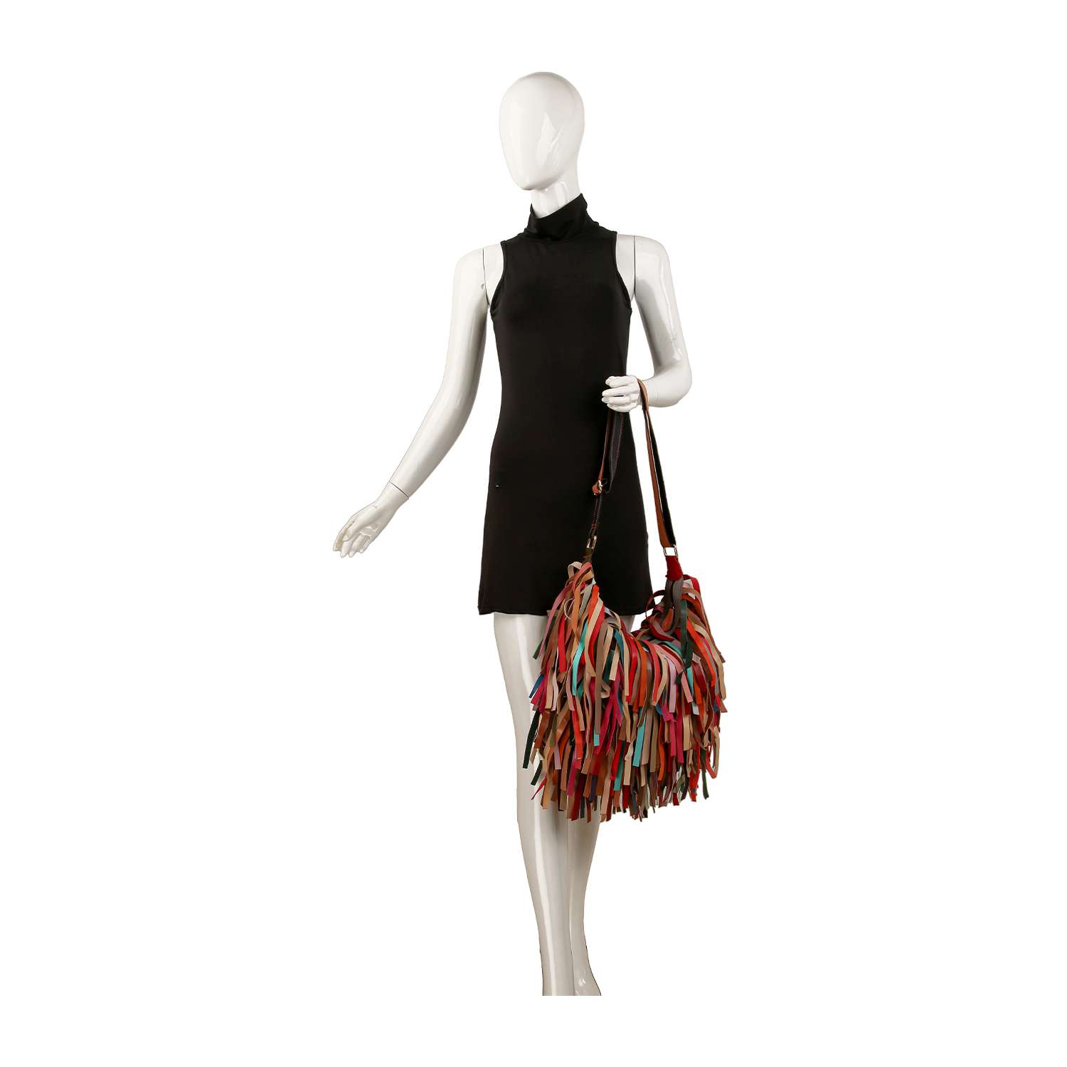 A faceless mannequin in a sleeveless black dress holds the Genuine Leather Large Fringe Hobo, featuring multicolored fringed detail, showcased against a plain white background.