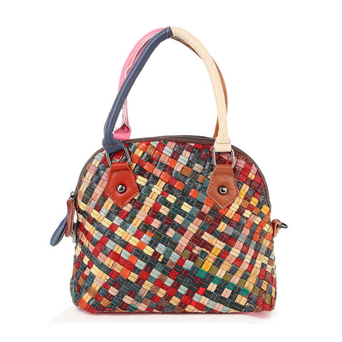 Genuine Leather Colorful Woven Satchel