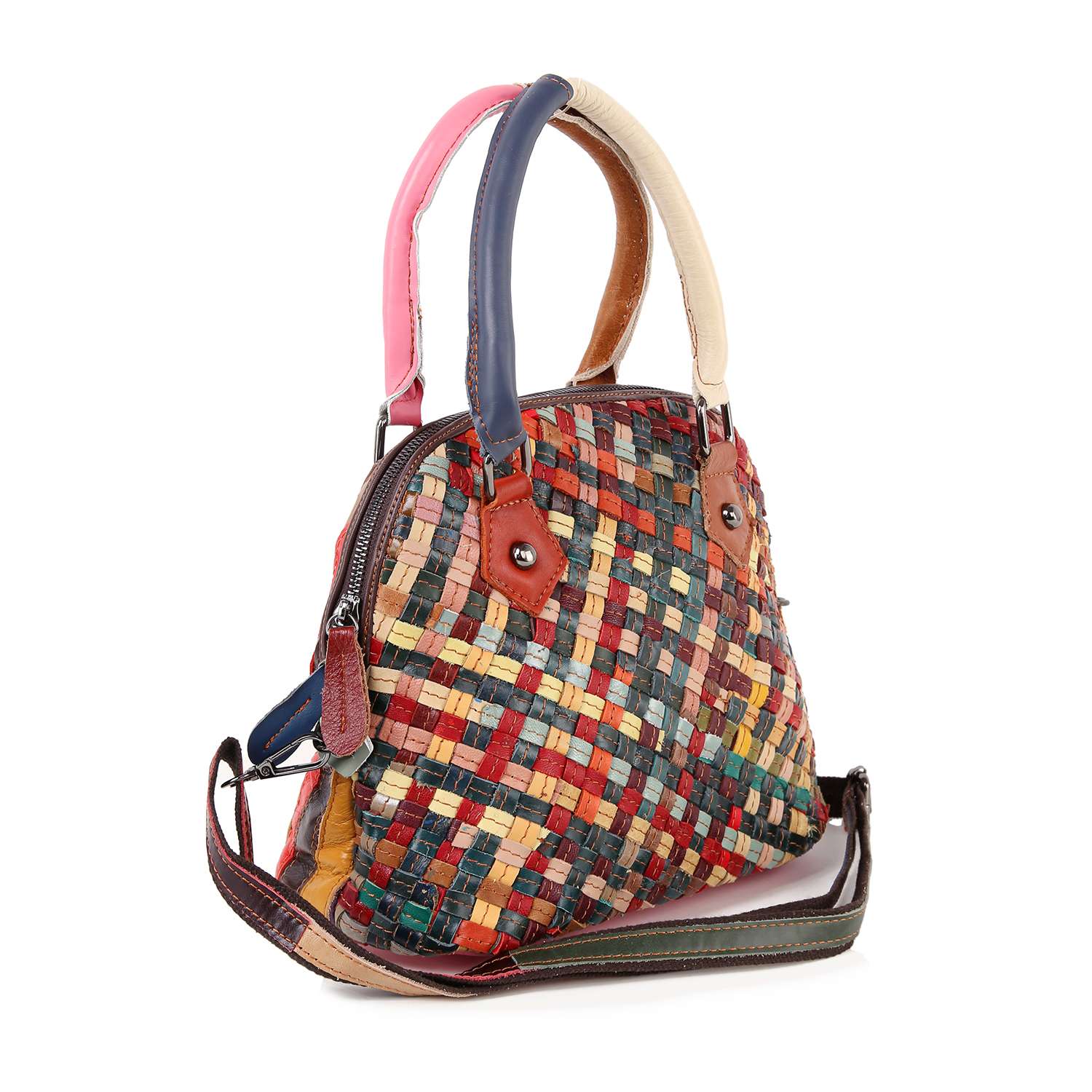 The Genuine Leather Colorful Woven Satchel is a multicolored bag with a rounded silhouette, leather handles in assorted colors, a detachable shoulder strap, and a patchwork design made of small squares in various shades.