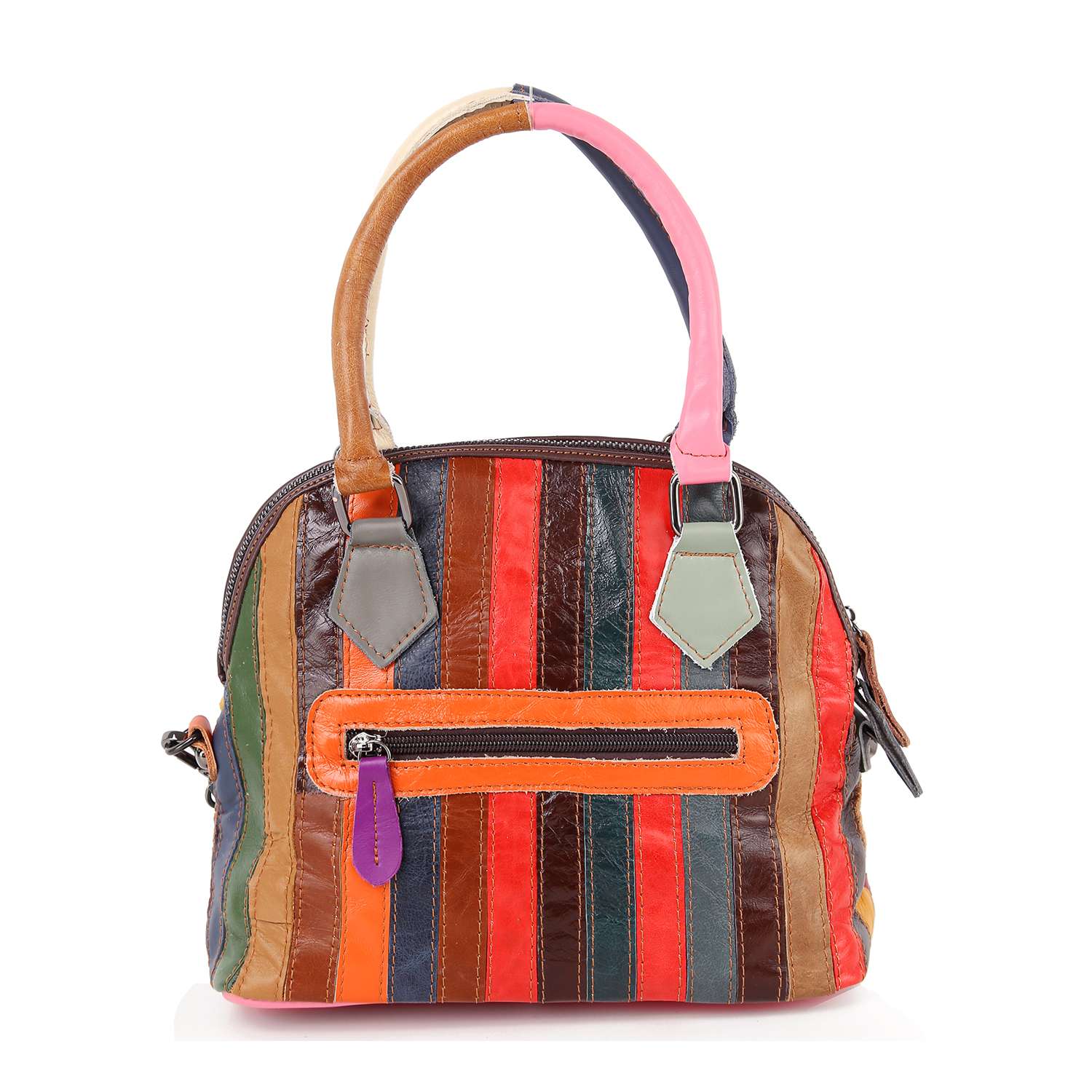 The Genuine Leather Colorful Woven Satchel is a vibrant everyday bag with a rounded top, two handles, bold vertical stripes in brown, red, green, orange, and purple, plus a front zipper pocket with an orange border and purple pull.