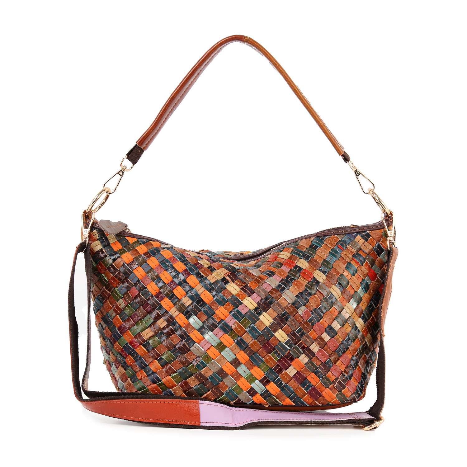 The Genuine Leather Woven Shoulder Bag features a checkered pattern in brown, orange, blue, and green, with both a short handle and an adjustable strap, and is finished with elegant gold-toned hardware.
