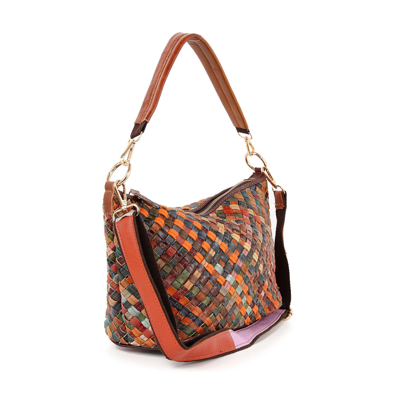 The Genuine Leather Woven Shoulder Bag features a multicolored woven design, brown leather handles and trim, gold-tone hardware, an adjustable strap, zipper closure, and a spacious interior.