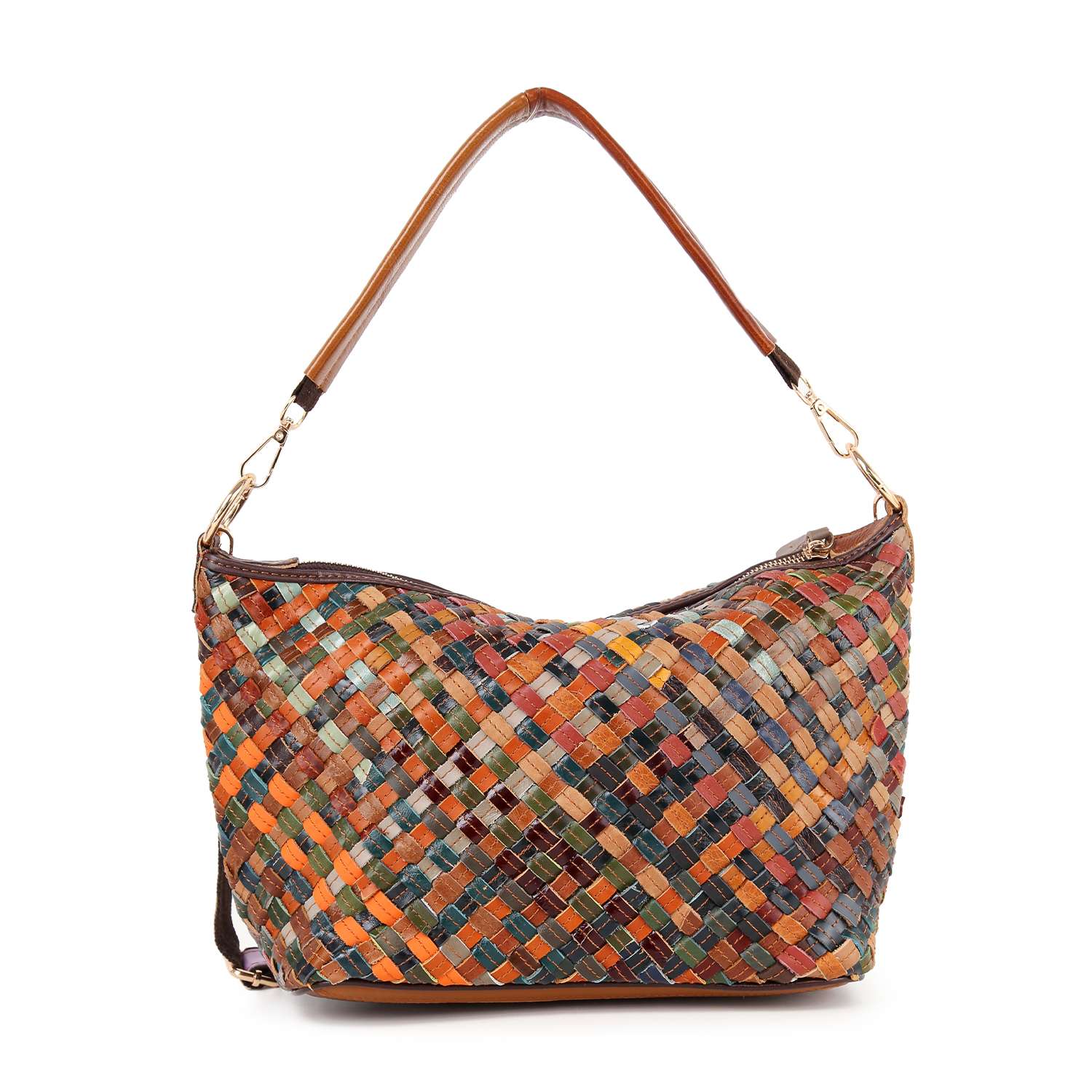 The Genuine Leather Woven Shoulder Bag features a single brown strap, gold-toned hardware, and a colorful woven pattern in shades of orange, blue, green, yellow, and brown.