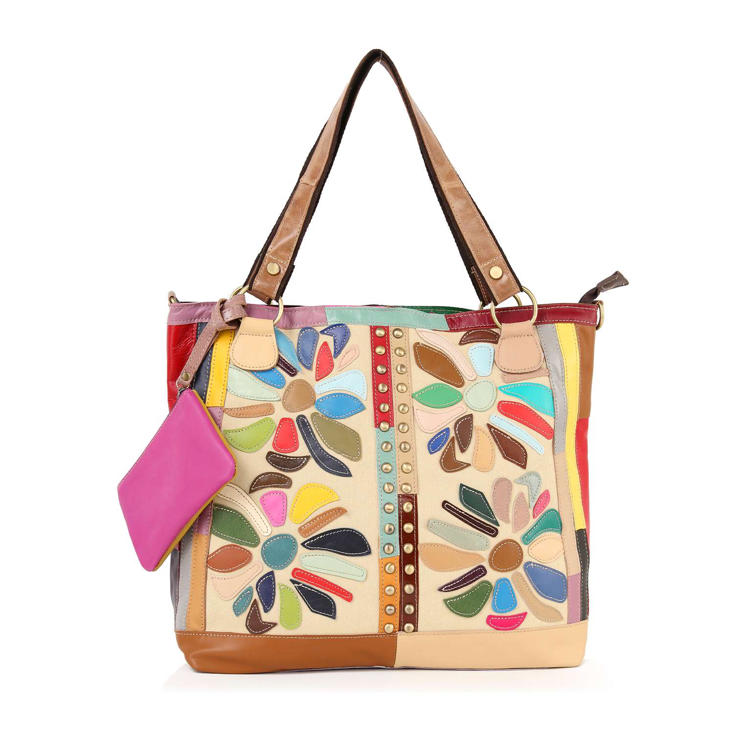 The Genuine Leather Colorful Oversized Tote Set features an oversized multicolored leather patchwork design with two large floral patterns, dual brown handles, top zip closure, and a small attached pink pouch.