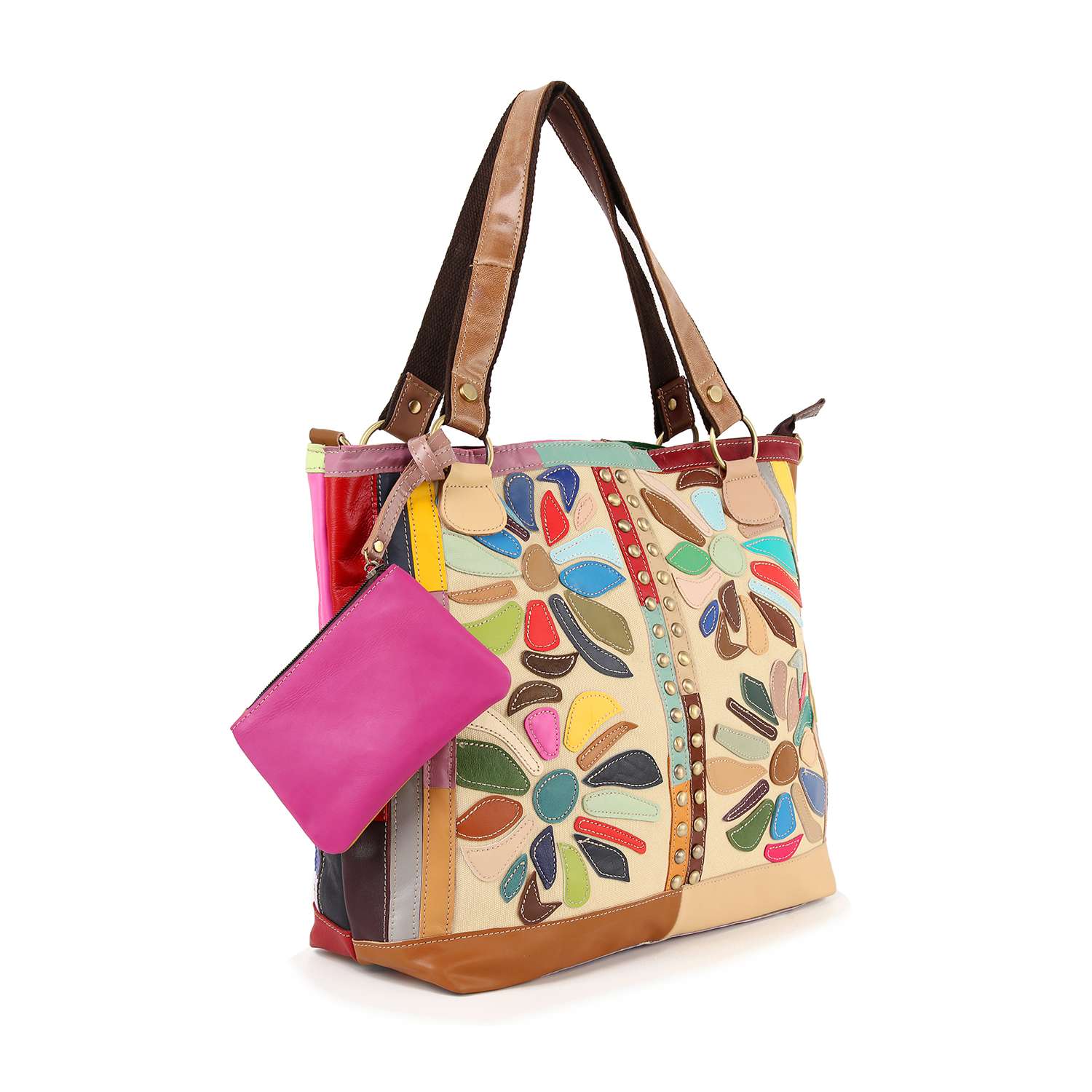 The Genuine Leather Colorful Oversized Tote Set features multicolored floral patterns, tan handles, a top zip closure, and an attached bright pink pouch, shown against a white background.
