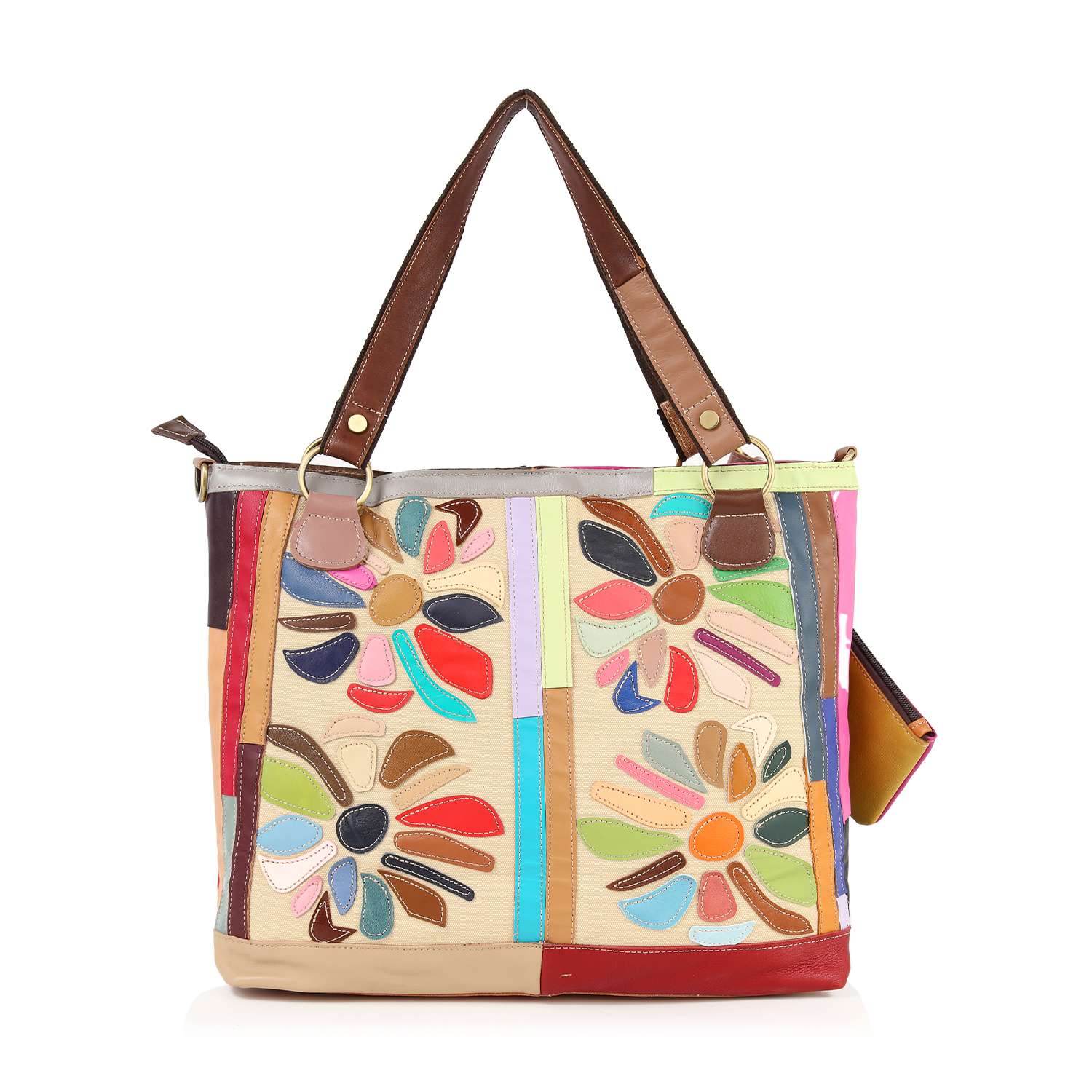 The Genuine Leather Colorful Oversized Tote Set features brown handles, bold multicolored flower designs on the front, a top zip closure, and comes with a matching pouch attached to the side.