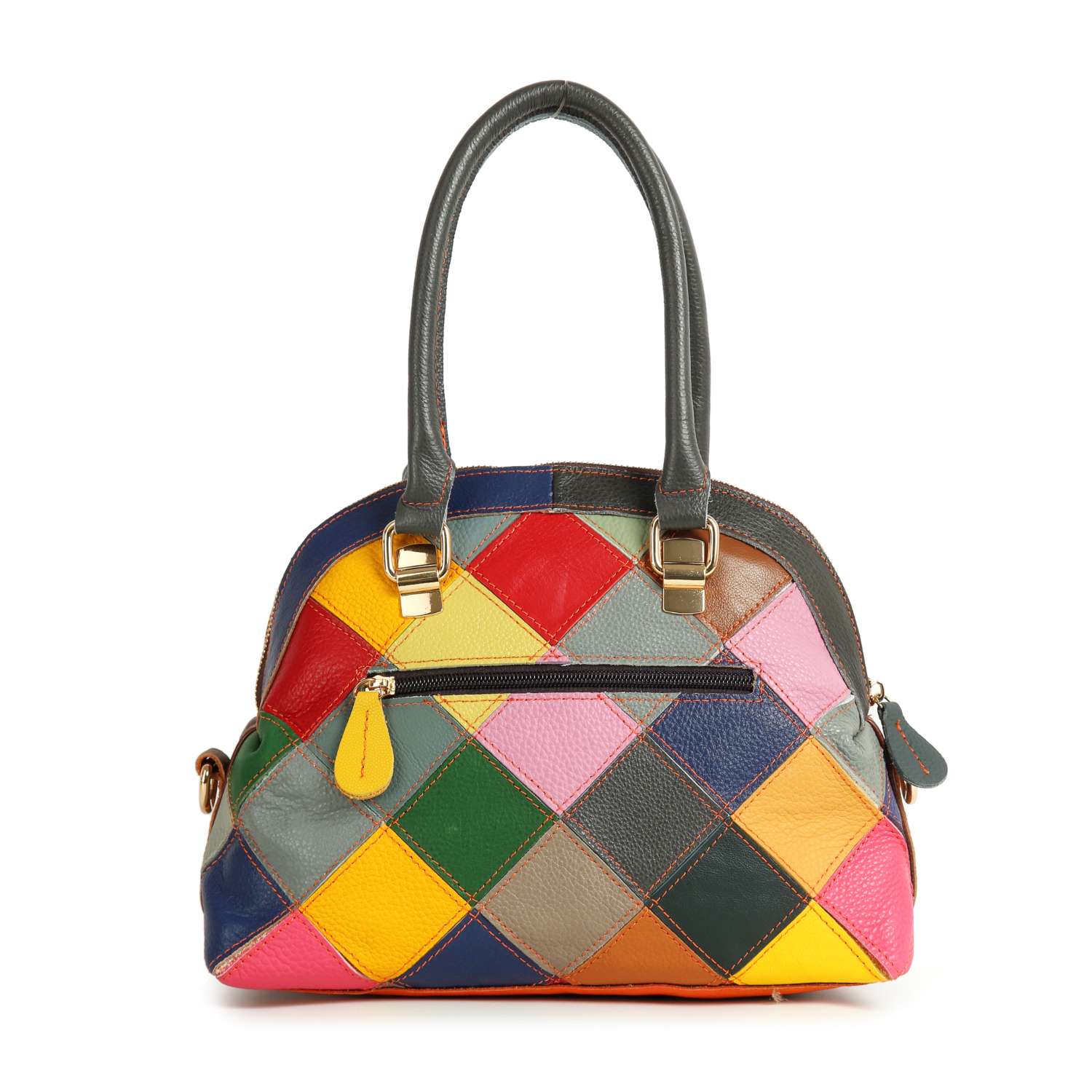 The Genuine Leather Colorful Satchel Handbag features a patchwork of vibrant red, yellow, green, blue, pink, orange, and gray leather squares, two dark handles, gold hardware, and a secure zipper closure.
