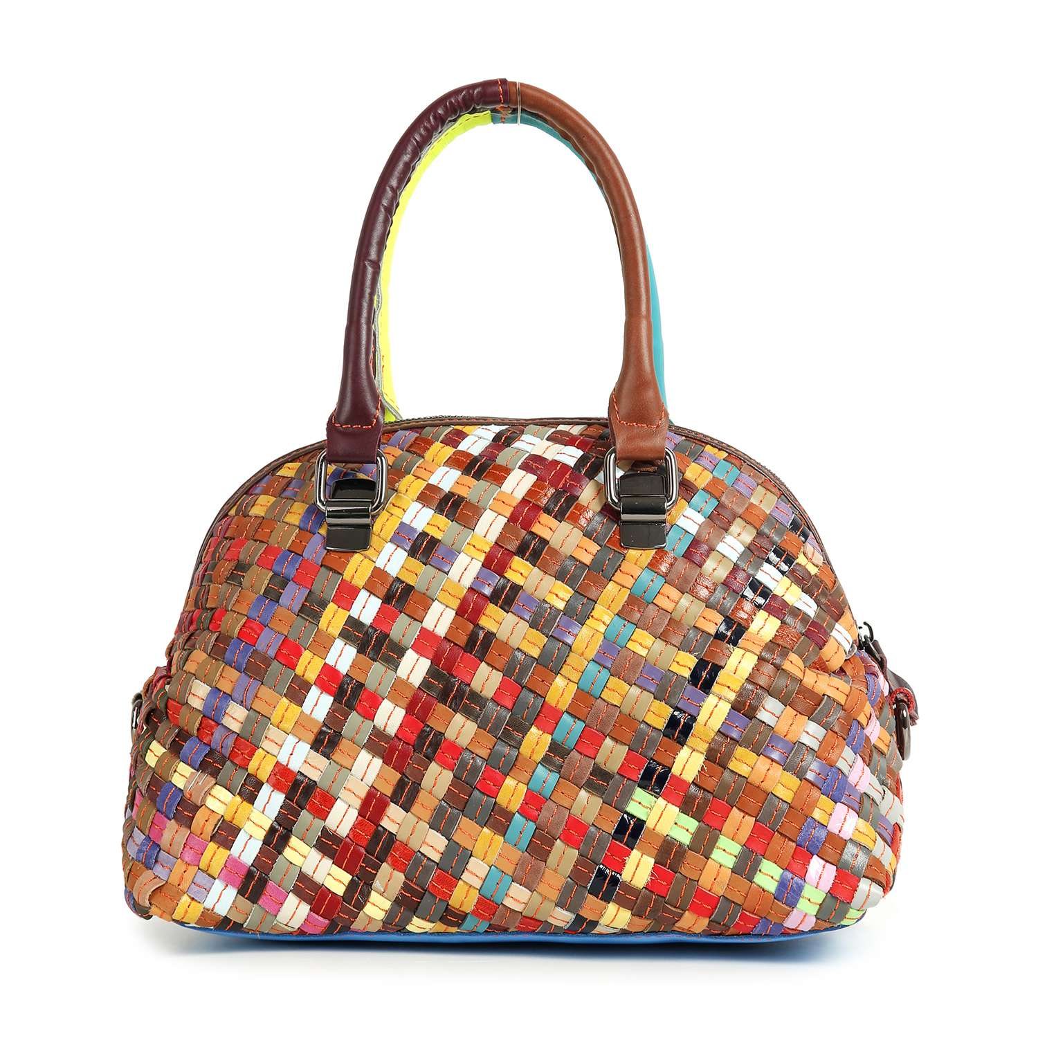 The Genuine Leather Woven Satchel Handbag features two handles and is crafted from multicolored leather squares in red, yellow, blue, brown, and orange, accented with elegant gold-toned hardware.