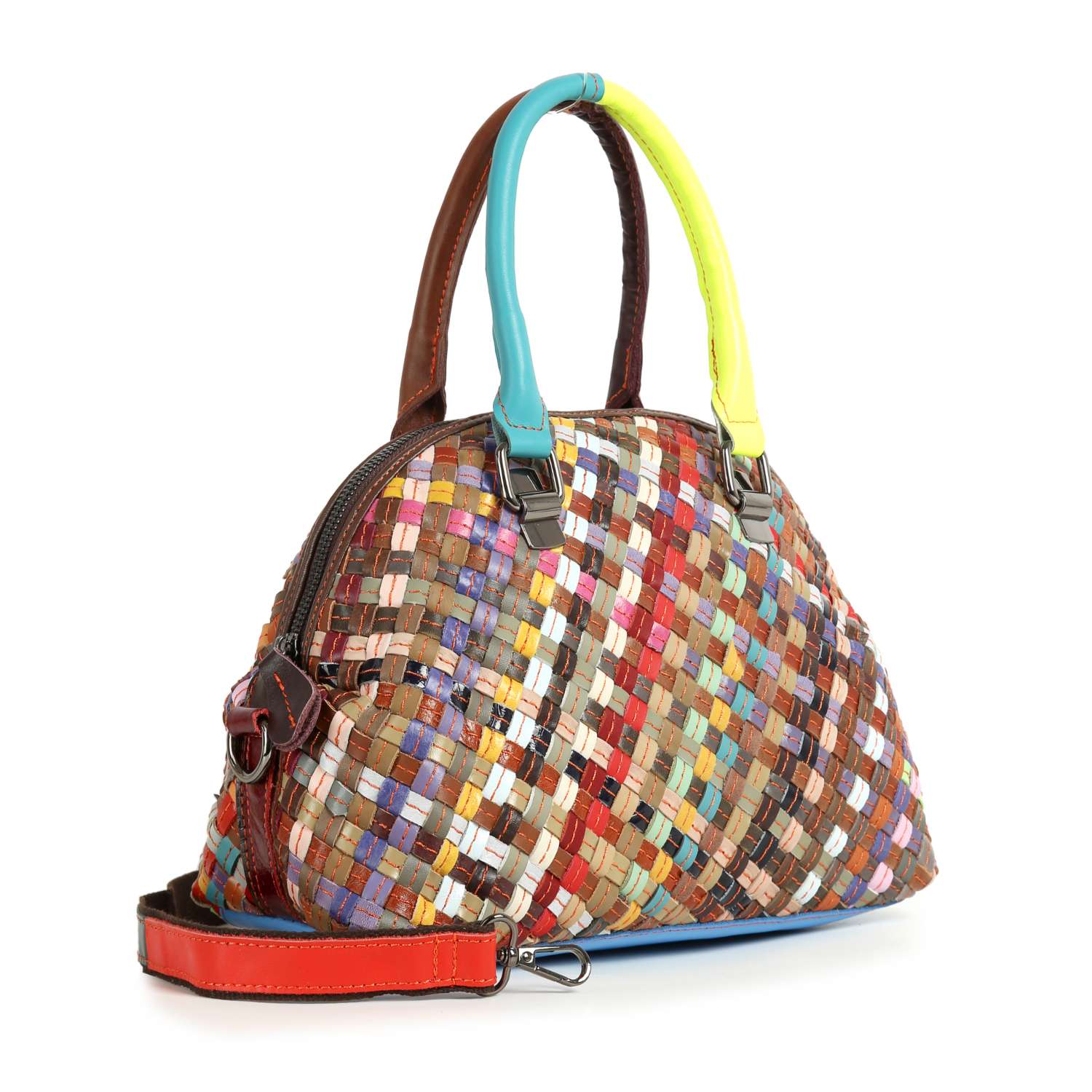 The Genuine Leather Woven Satchel Handbag is dome-shaped with two handles, a detachable strap, gold tone hardware, and woven leather strips in brown, blue, red, yellow, and white for a colorful look.