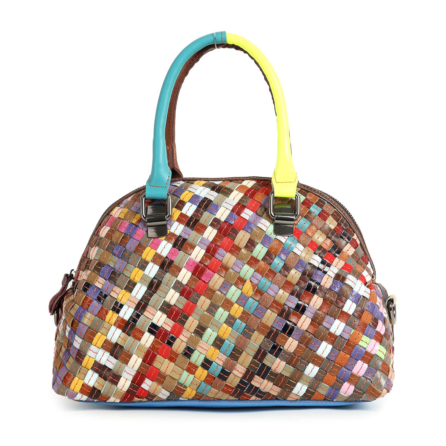 The Genuine Leather Woven Satchel Handbag features a rounded shape, vibrant multicolored design, two distinctively colored handles, and elegant gold-toned hardware for a standout look.