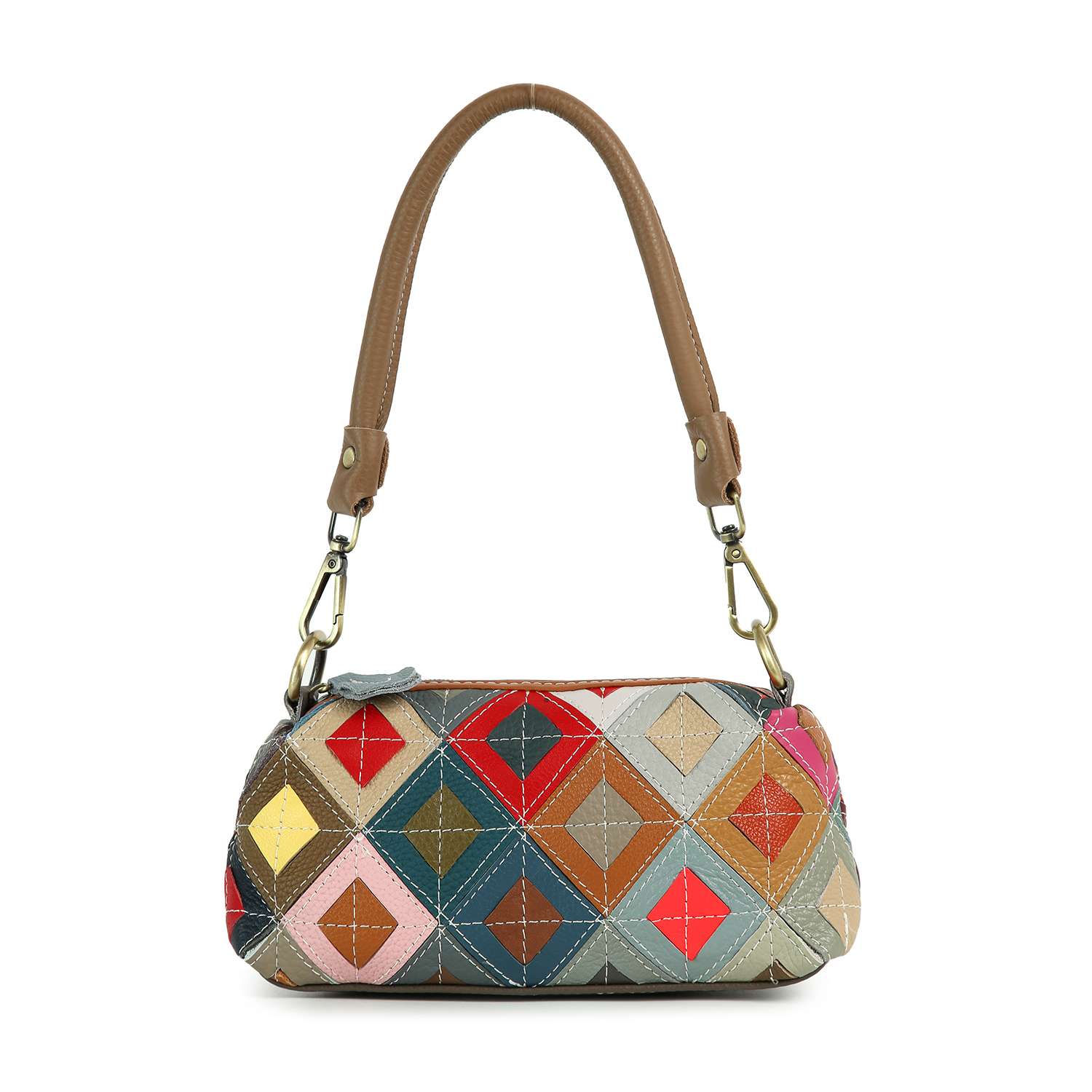 The Genuine Leather Top Stitch Petite Shoulder Bag features a patchwork design with colorful geometric diamond patterns and a brown leather shoulder strap.