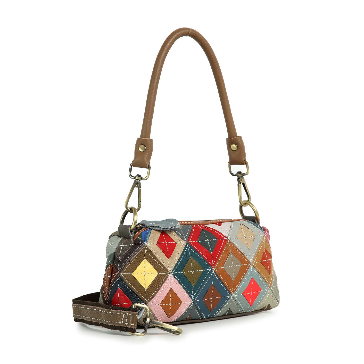 The Genuine Leather Top Stitch Petite Shoulder Bag features a colorful geometric patchwork design, a brown handle, and an adjustable, detachable strap for versatile crossbody or shoulder carrying options.