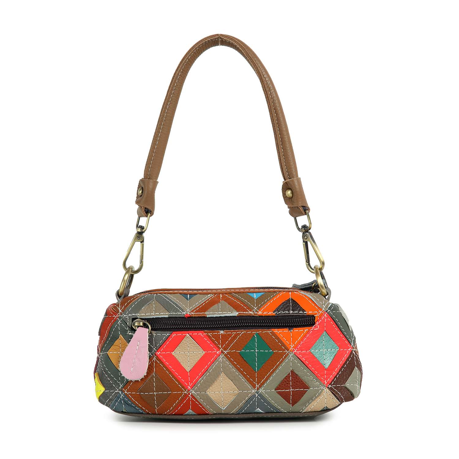 The Genuine Leather Top Stitch Petite Shoulder Bag features a patchwork of colorful diamond shapes, a brown handle, front zipper pocket, and a pink zipper pull.