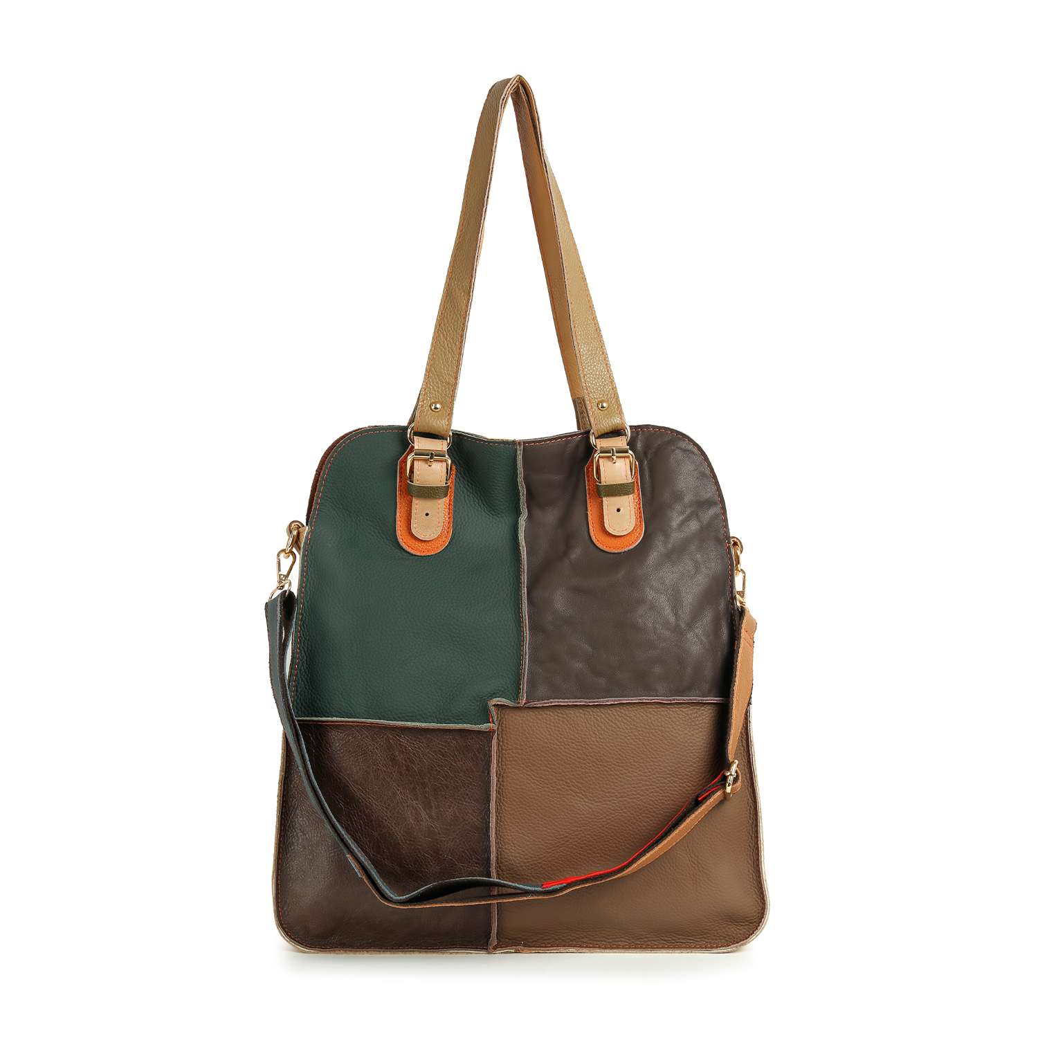 The Genuine Leather Tall Patchwork Fashion Tote features green, dark brown, and light brown sections with tan handles, a detachable strap, and gold-tone hardware for versatile style.