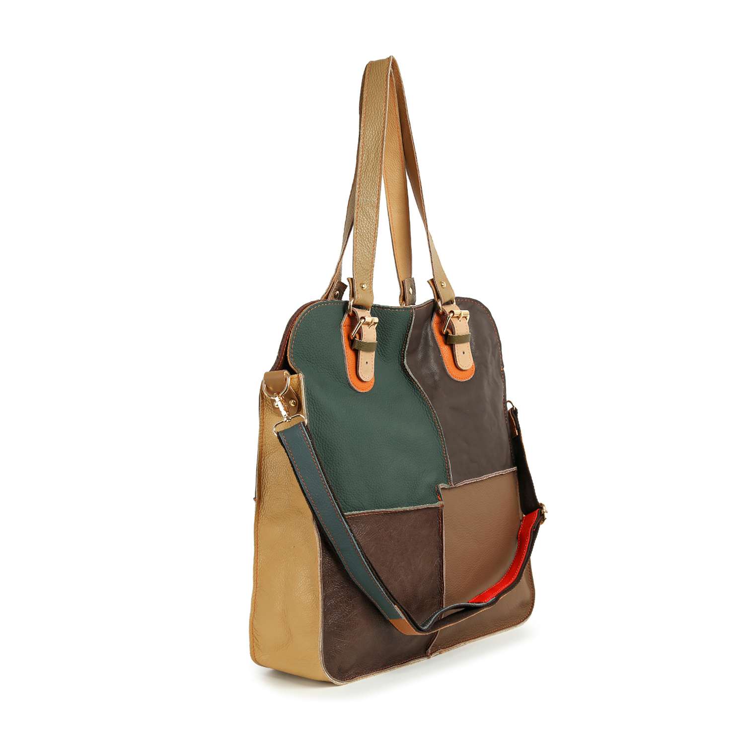 The Genuine Leather Tall Patchwork Fashion Tote features stylish multicolored leather panels, dual tan shoulder straps, and a detachable crossbody strap in green, brown, tan, and beige.