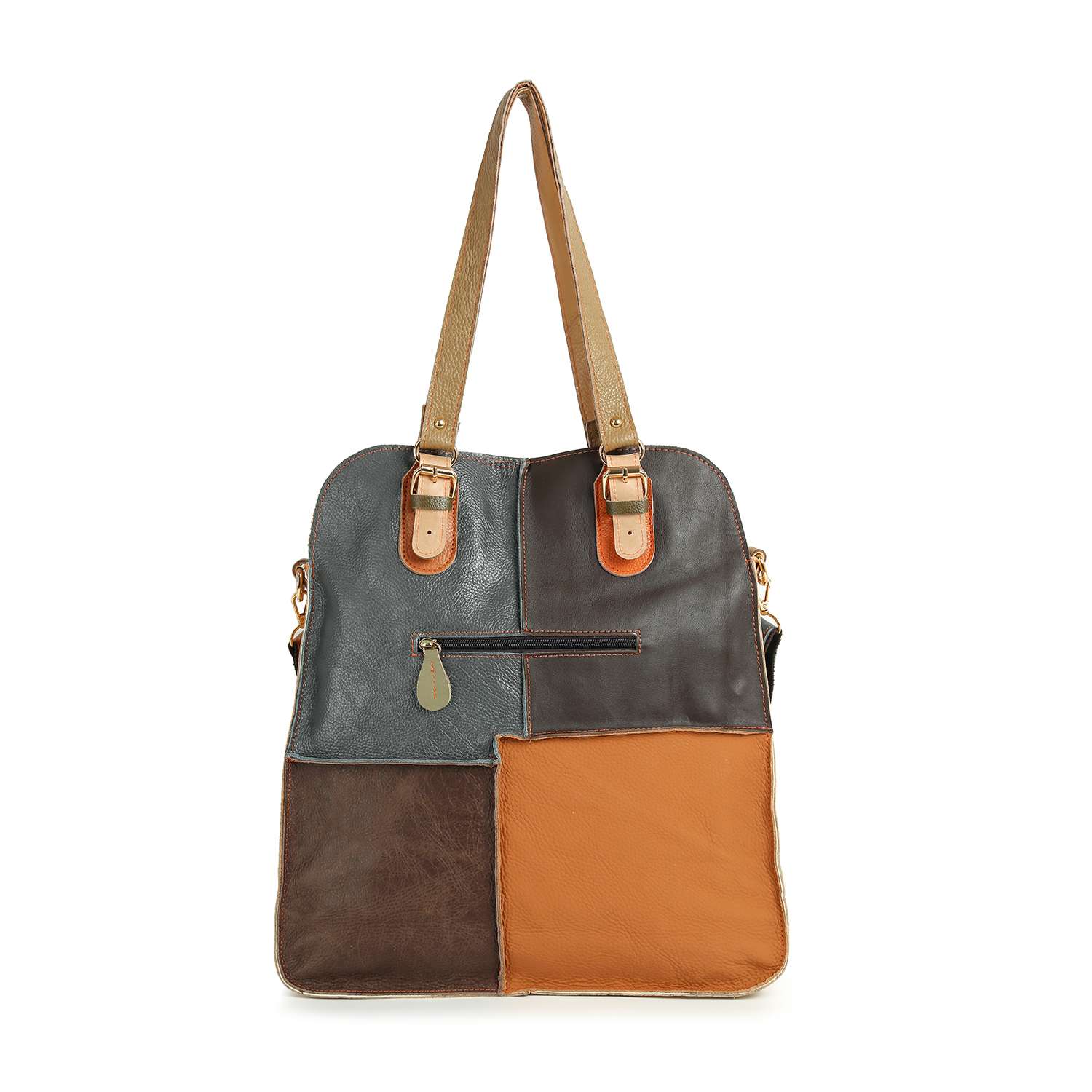The Genuine Leather Tall Patchwork Fashion Tote features brown, tan, black, and dark blue panels, tan double shoulder straps, a front zippered pocket with a gold zipper pull, and a detachable strap for versatile carrying.