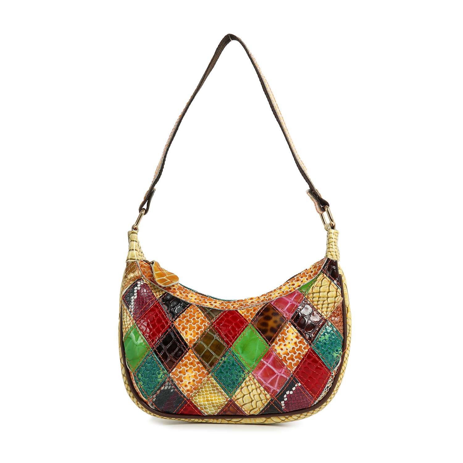 The Genuine Leather Colorful Patchwork Hobo Bag features a curved design with diamond-shaped leather pieces in red, yellow, green, brown, and gold tones, plus a single tan strap.