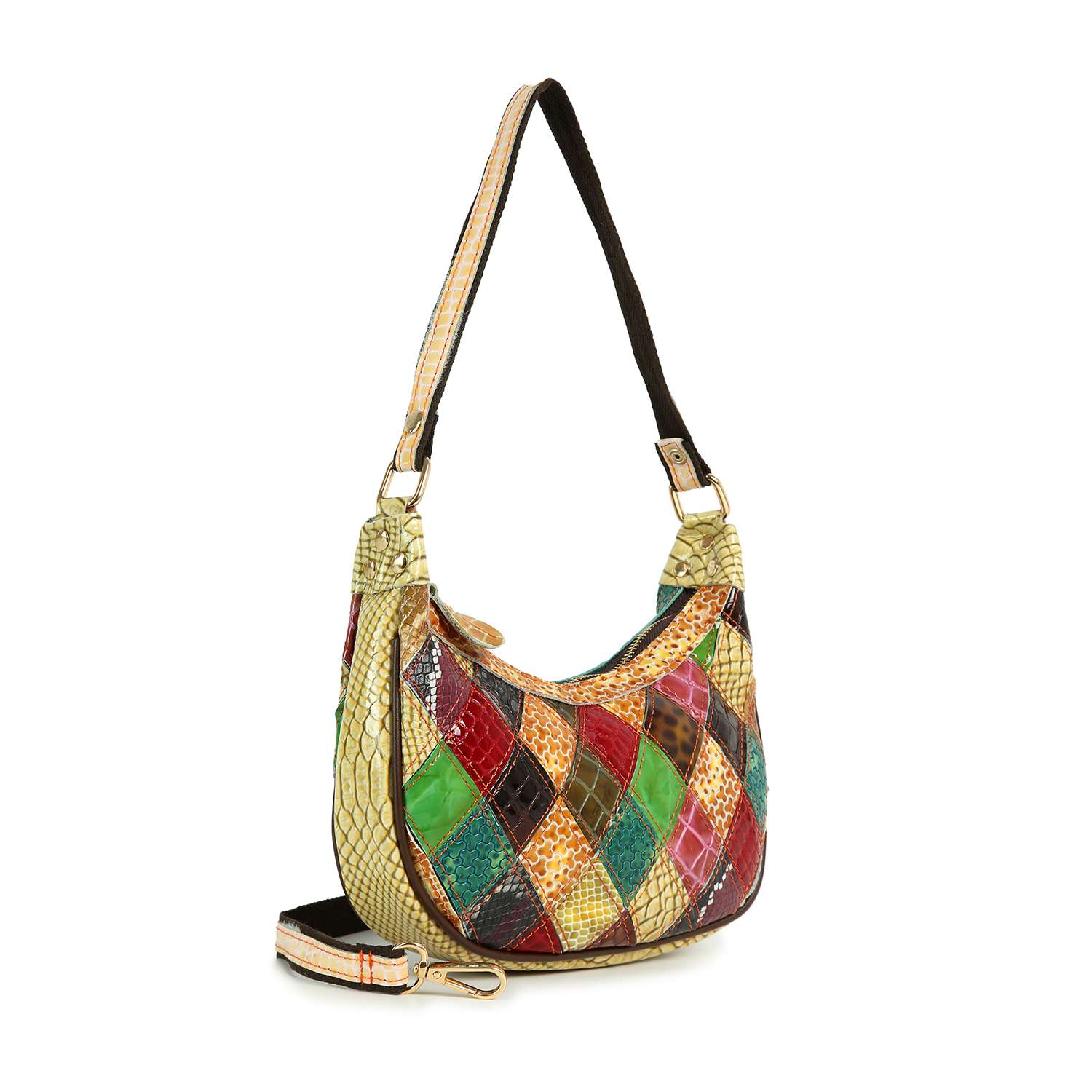The Genuine Leather Colorful Patchwork Hobo Bag features diamond-shaped red, green, yellow, brown, and orange leather pieces with a tan snakeskin-textured strap and trim.