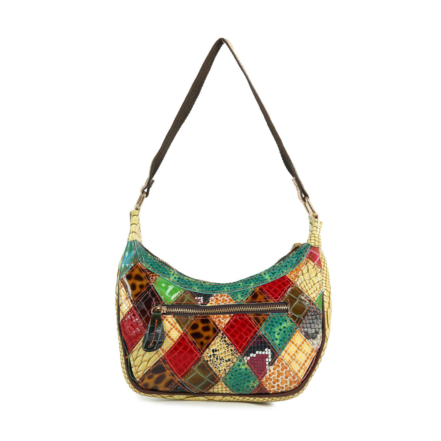 The Genuine Leather Colorful Patchwork Hobo Bag features a variety of textured and patterned squares, a front zippered pocket, and a dark strap.