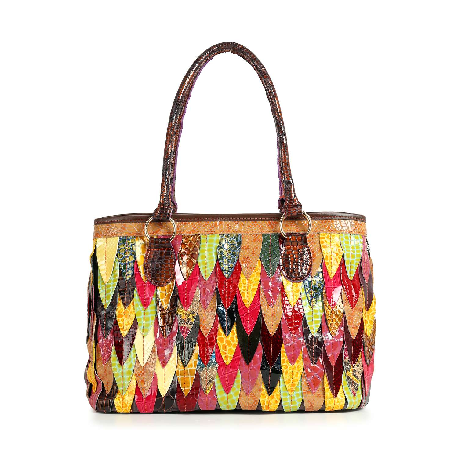 The Genuine Leather Colorful Petal Large Tote Bag features two brown handles and a textured, scale-like pattern made of genuine leather petal pieces in red, yellow, green, and brown—adding vibrant flair to any outfit.
